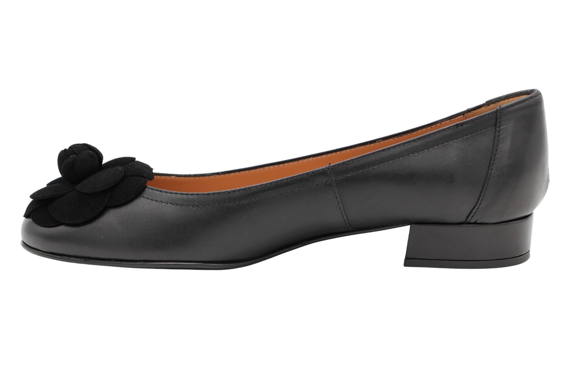 Fabucci Women's Black Leather Ballet Flats with Floral Embellishment - Comfortable Slip-On Shoes for Work, Travel & Casual Wear