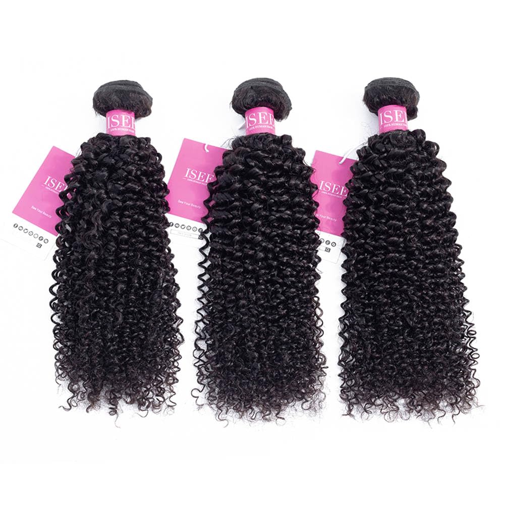ISEE Hair 100% Unprocessed Afro Kinky Curly Human Hair Bundles - 9A Mongolian Virgin Hair Weave - Natural Black Color (16 18 20 Inches) for Protective Styles, Wig Making & Natural Hair Extensions
