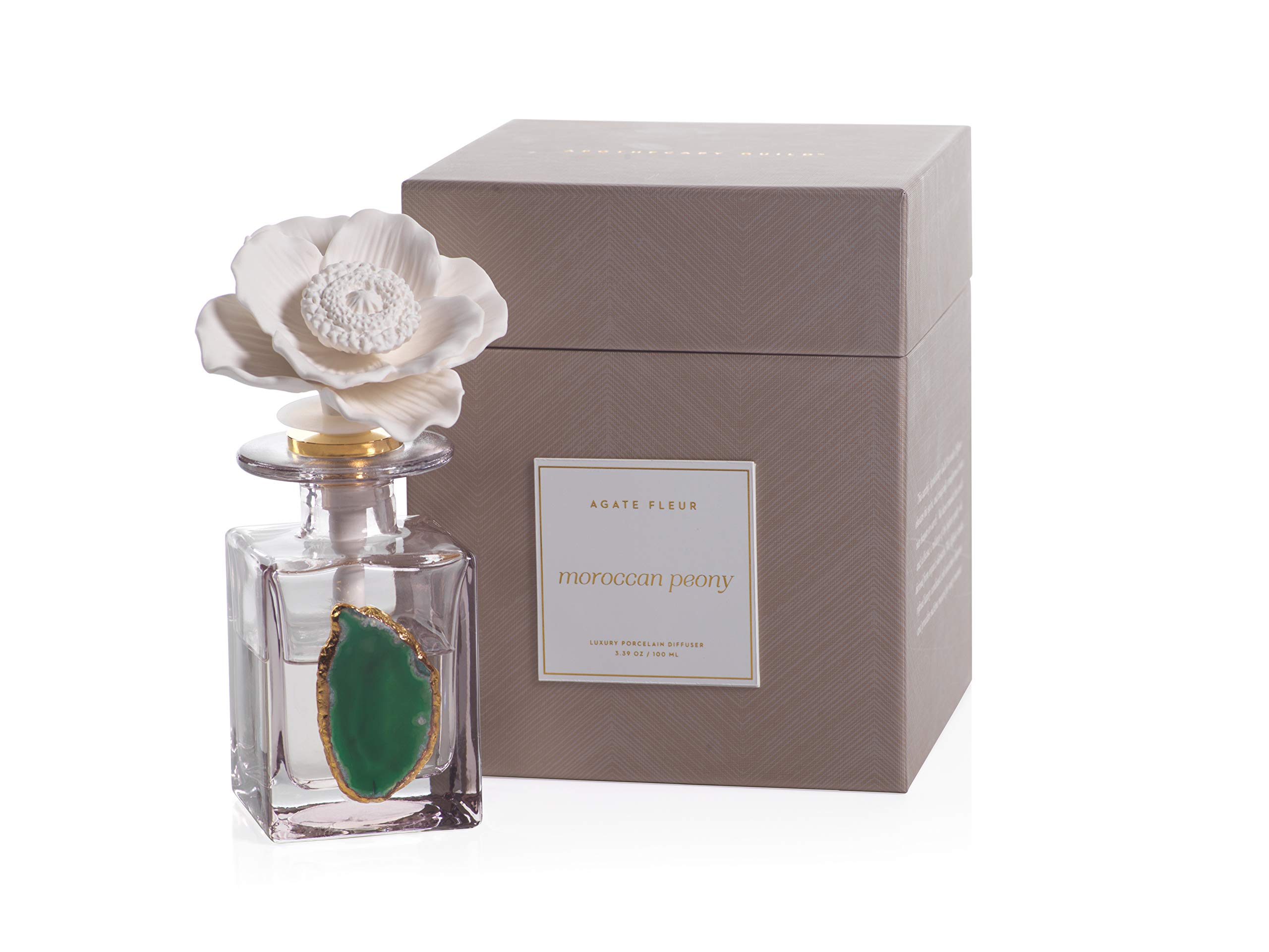 Zodax Agate Flower Porcelain Diffuser - Moroccan Peony Essential Oil Aromatherapy in Gold & White | Perfect for Home Decor, Spa Relaxation & Gift Giving