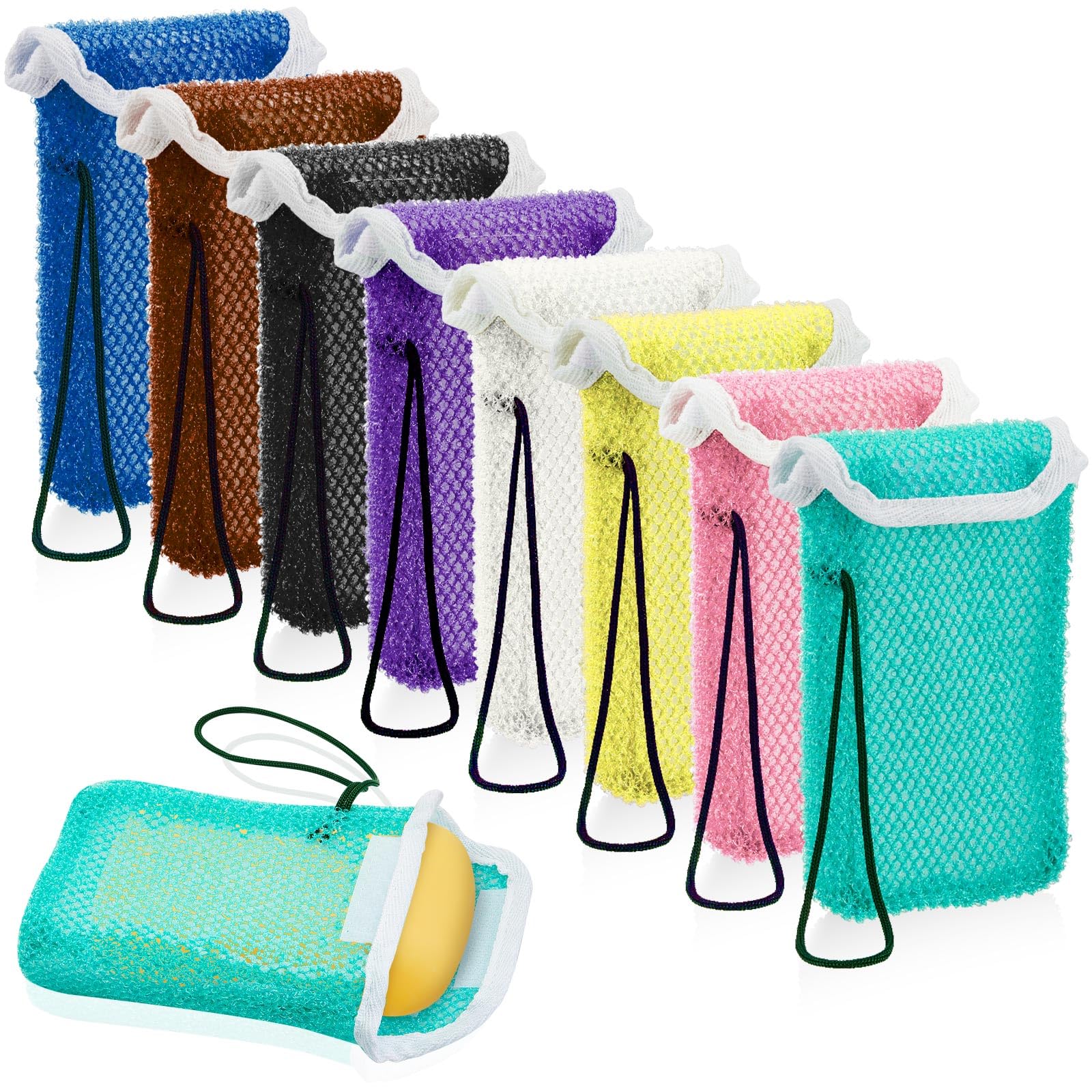 8-Piece Soap Saver Pouch Set - Exfoliating Loofah Scrubber & Soap Holder with Rope - Reusable Wash Bag for Bar Soap - Bath, Shower, Travel & Hand Washing - 8 Color Options for Women & Men