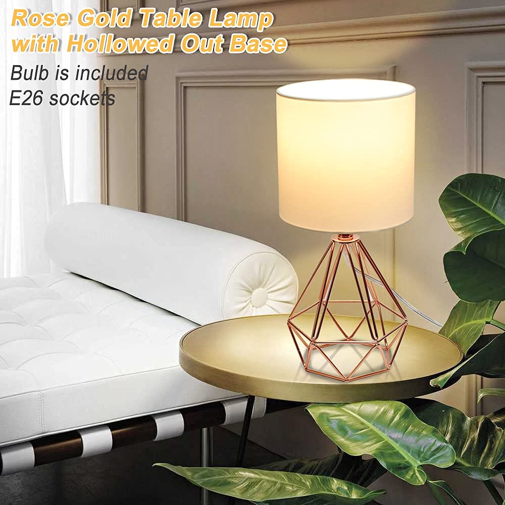Modern Geometric Table Lamp with Rose Gold Hollowed Metal Base & Fabric Shade - 5W E26 Warm LED Bulb Included - Bedside Nightstand Lamp for Bedroom, Living Room & Office Decor - Perfect for Reading, Relaxing & Ambient Lighting
