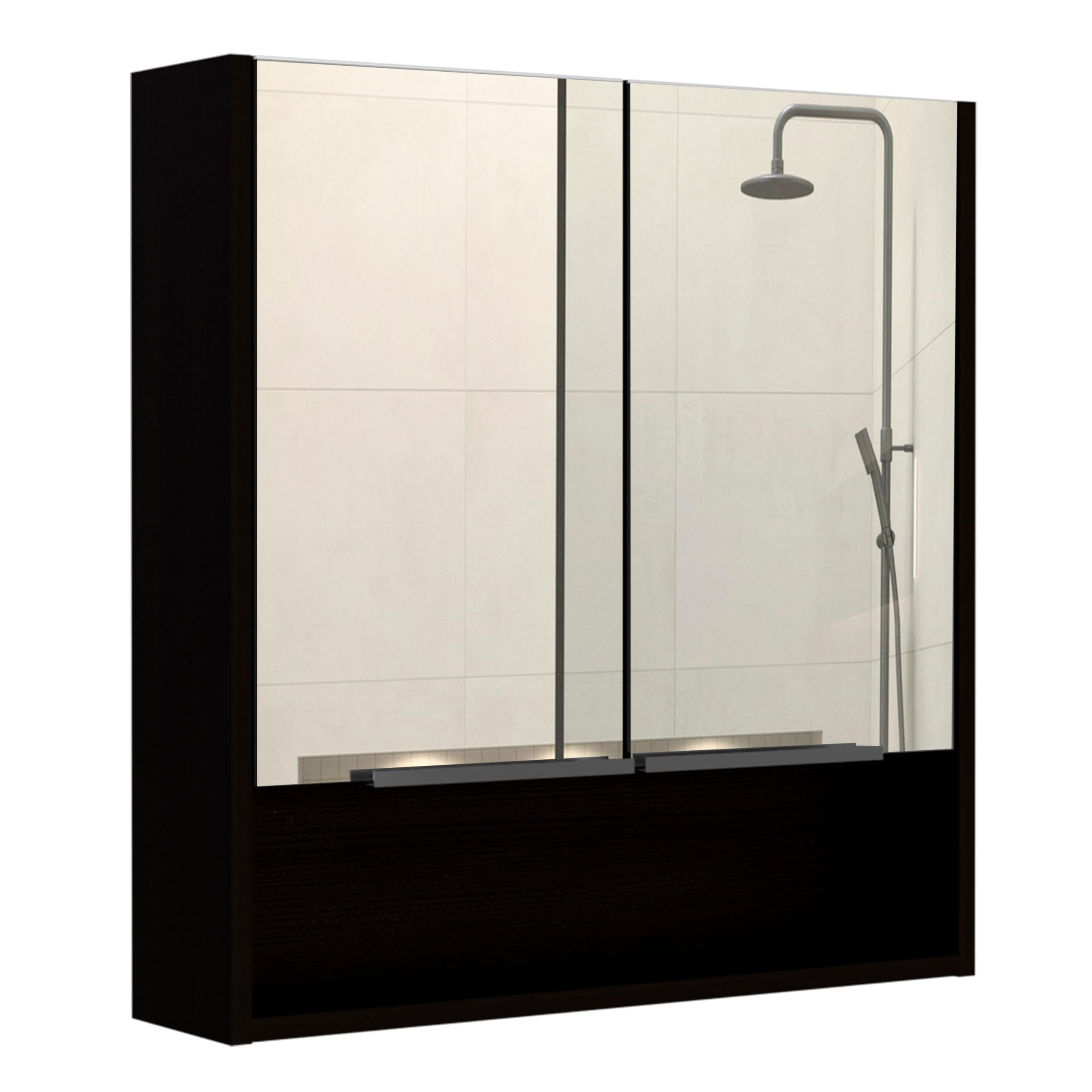 Tuhome Jaspe Mirror Cabinet with 3 Internal Shelves & Open Shelf - Double Door Bathroom Storage for Makeup & Organizing - Black