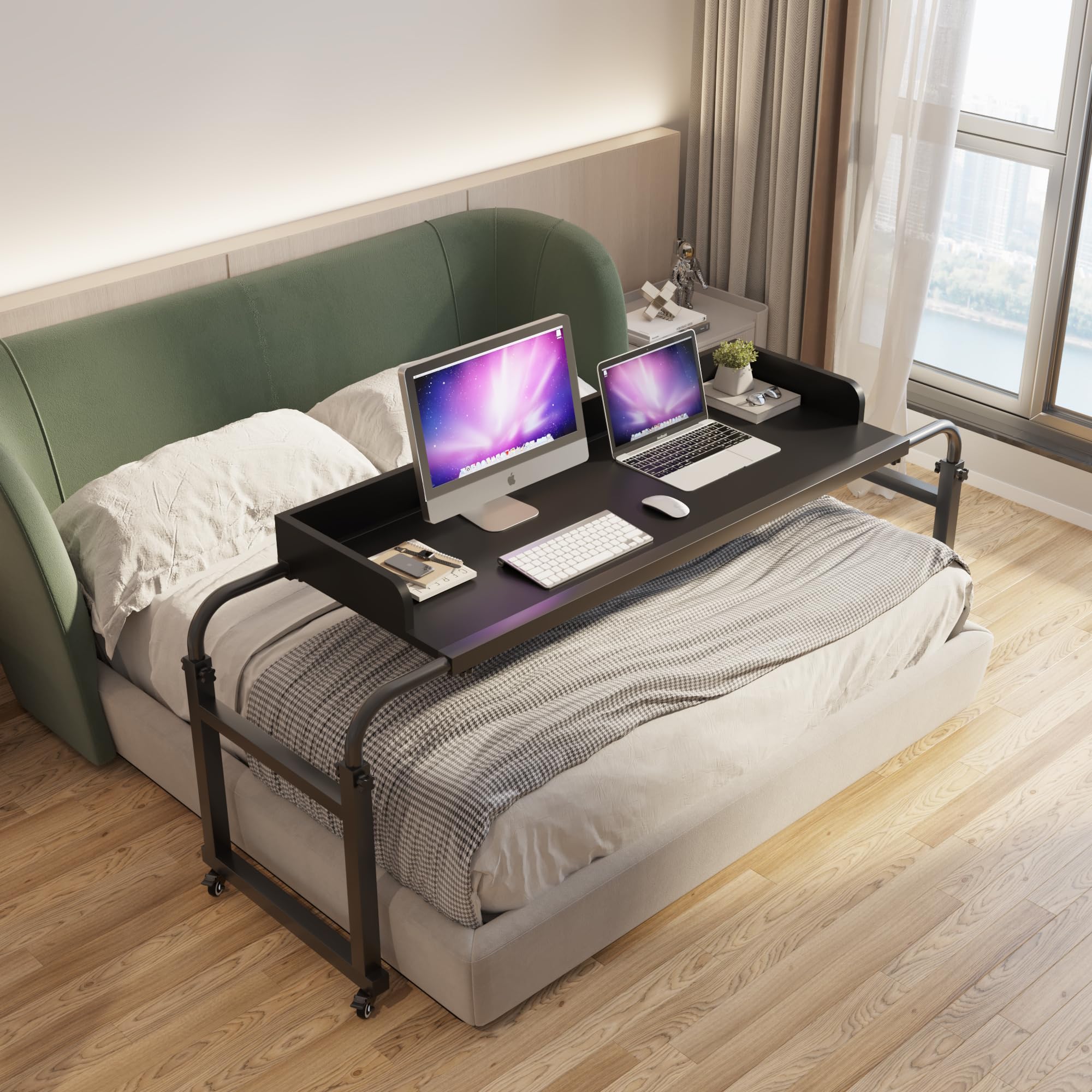 Adjustable Overbed Table with Wheels - Rolling Laptop Desk for King & Queen Beds - Portable Hospital Bedside Table (Black) - Perfect for Home, Office, and Patient Care Use