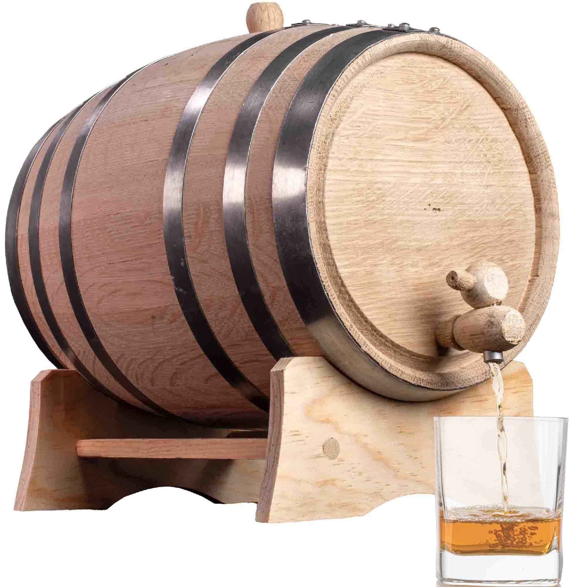 2.5 Gallon Oak Whiskey Aging Barrel with Wood Stand - Unvarnished Charred Oak Barrel for Bourbon, Wine & Spirits | Home Brewing, Distilling & Winemaking | Perfect for Small Batch Aging, DIY Craft Spirits & Home Bar Decor (10 Liter)