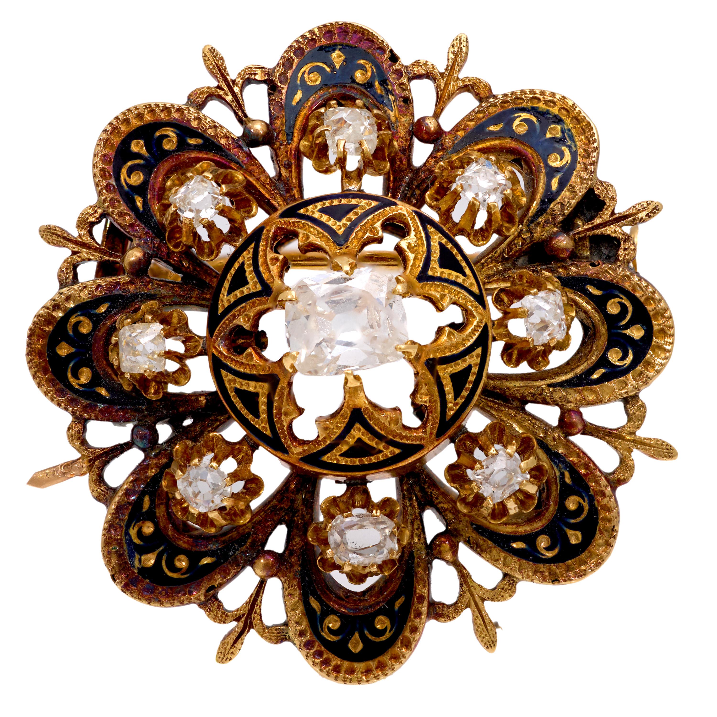 Victorian Diamond 18K Yellow Gold Enamel Brooch - Vintage Jewelry for Women, Elegant Antique Pin for Dresses, Coats & Special Occasions