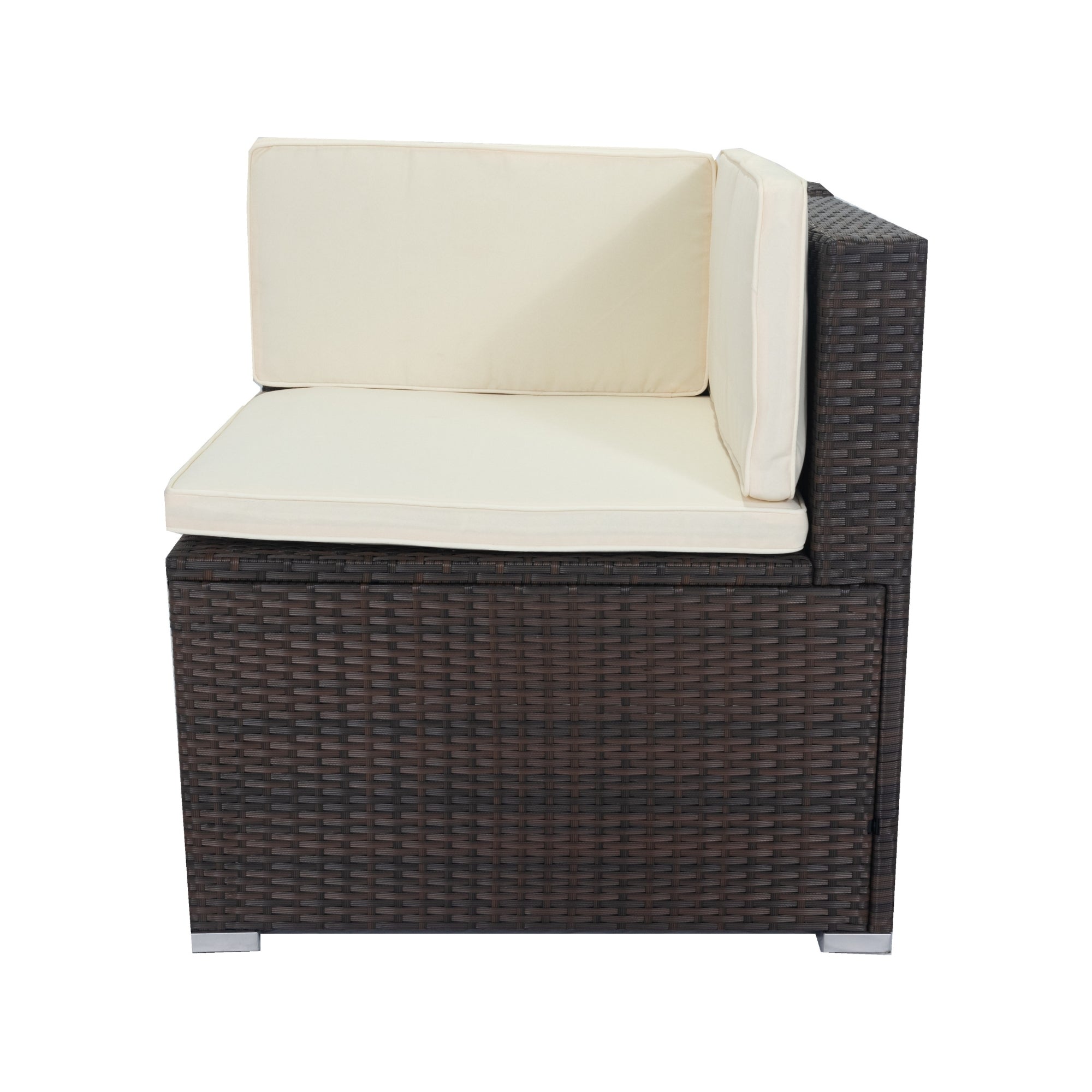 11-Piece Brown Wicker Patio Conversation Set with White Cushions - 10-Seater Outdoor Sectional Sofa with 3 Under-Seat Storage Boxes - Perfect for Garden, Backyard, Poolside & Terrace Relaxation