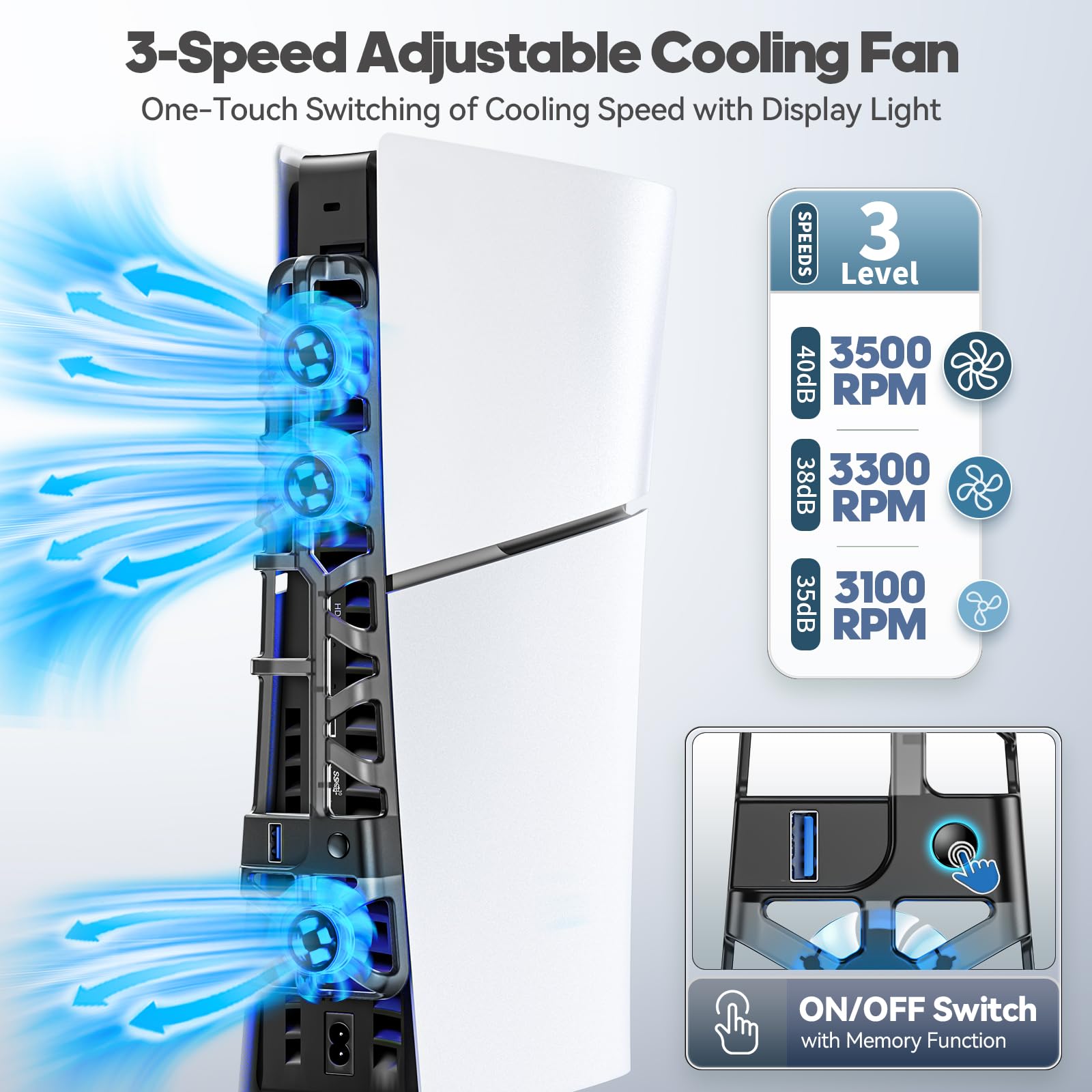 Tokluck PS5 Cooling Fan for PS5 Slim Disc & Digital Edition - 3-Speed Memory Cooling System with USB 3.0 Hub & Blue LED Lights - Perfect for Gaming Sessions and Console Protection