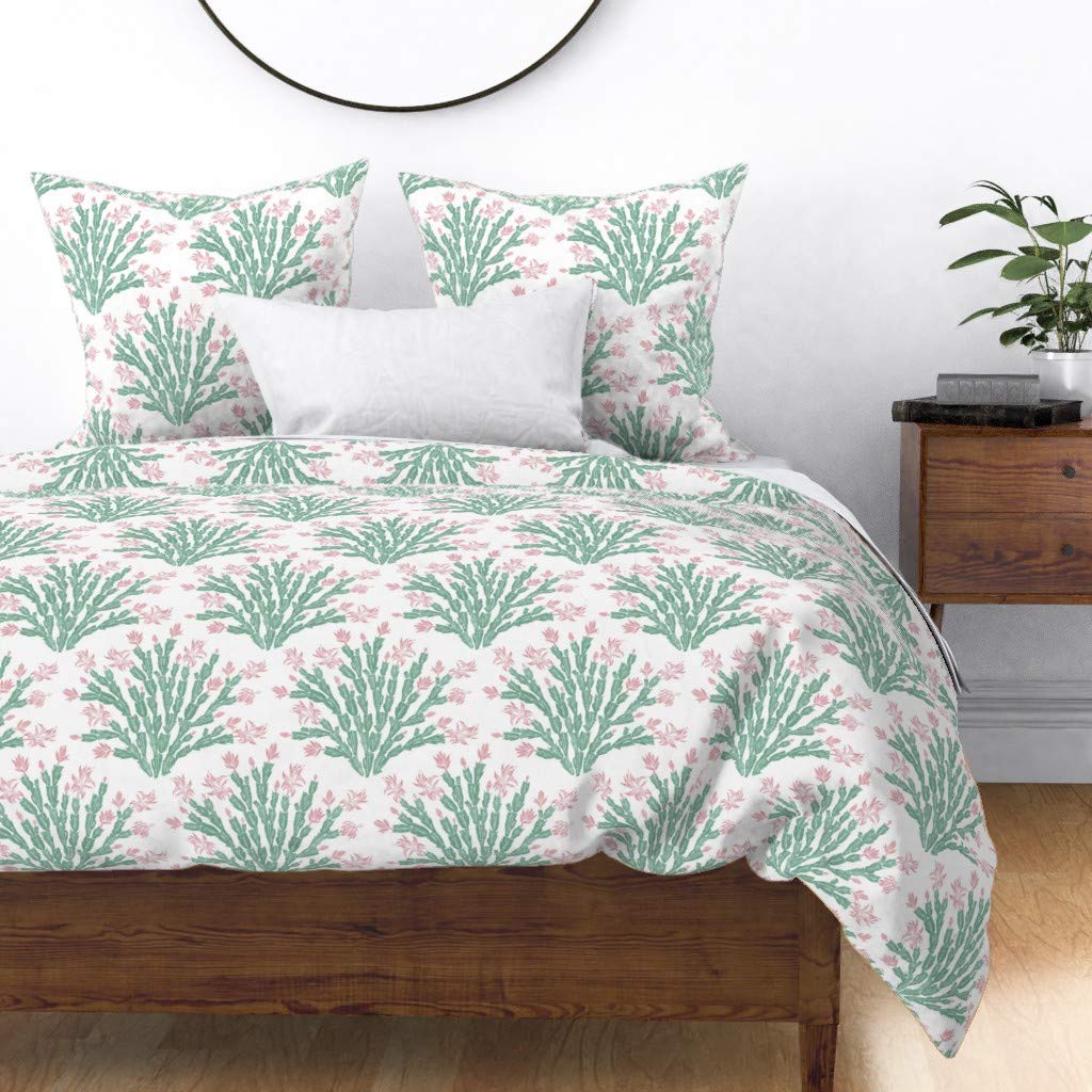 Pastel Easter Cactus Floral Duvet Cover - King/California King Size Cotton Sateen Bedding | Boho Botanical Pink Green Succulent Print | Perfect for Spring Decor, Easter Gift & Boho Chic Bedroom