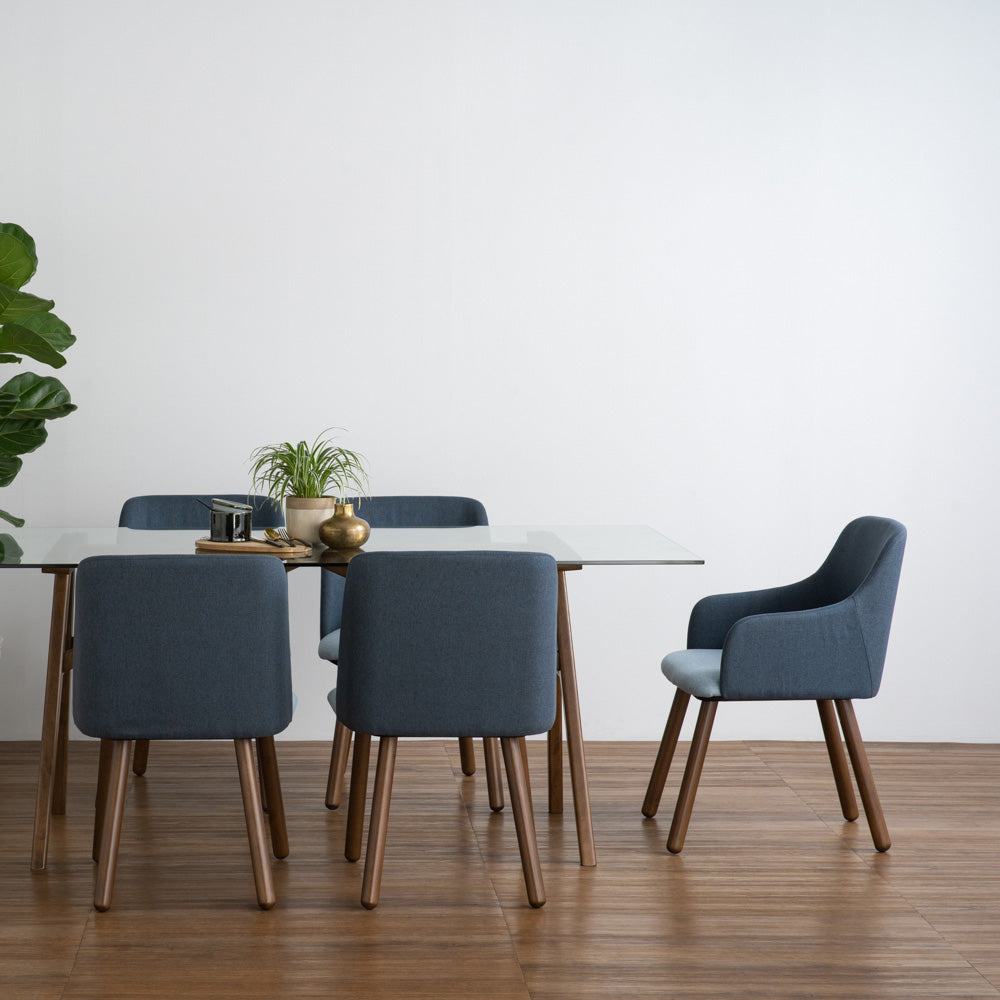 JOLLIN Modern Arm Chair - Walnut Wood Frame with Blue Upholstery - Comfortable Lounge Chair for Living Room, Bedroom, or Office