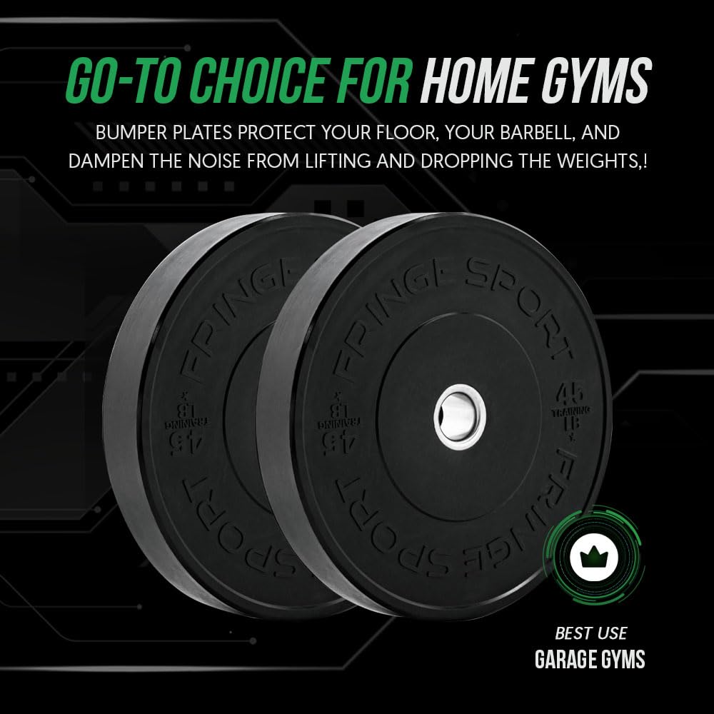 FringeSport Black Bumper Plates Set - Olympic Weight Plates for CrossFit & Strength Training - High-Quality Rubber Weight Plates with Steel Insert (10lb-460lb) - Perfect for Home Gym, Commercial Gym & Weightlifting Competitions