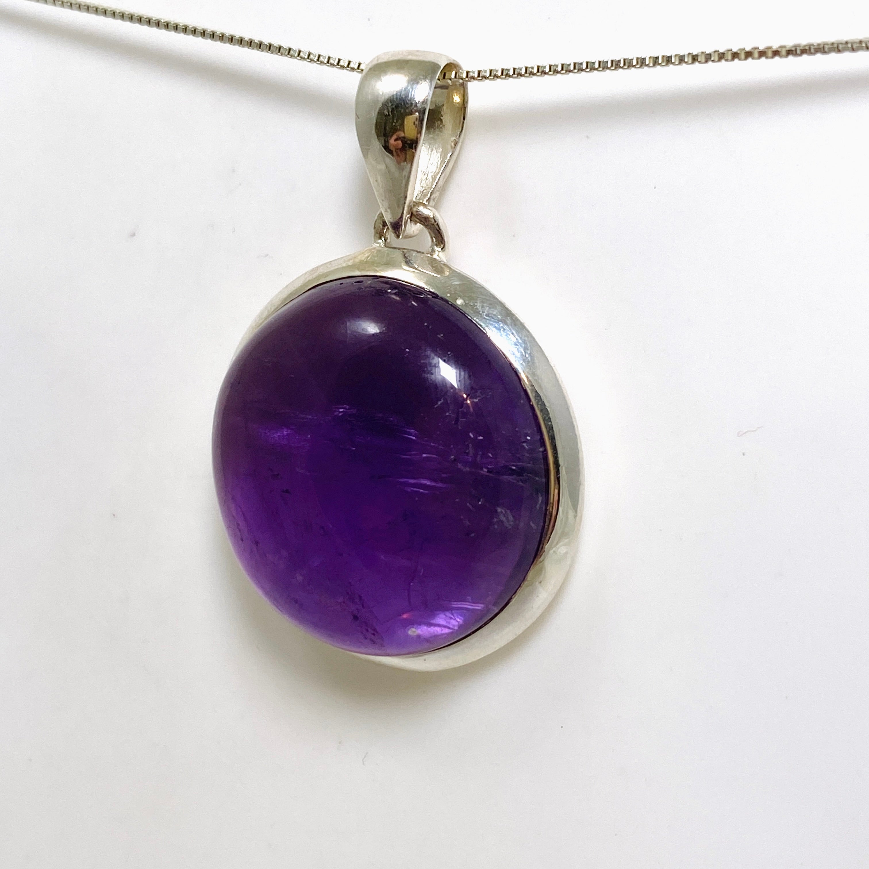Natural Amethyst Round Cabochon Pendant Necklace - 925 Sterling Silver Jewelry for Women, Healing Crystal Gift for Meditation & Spiritual Protection