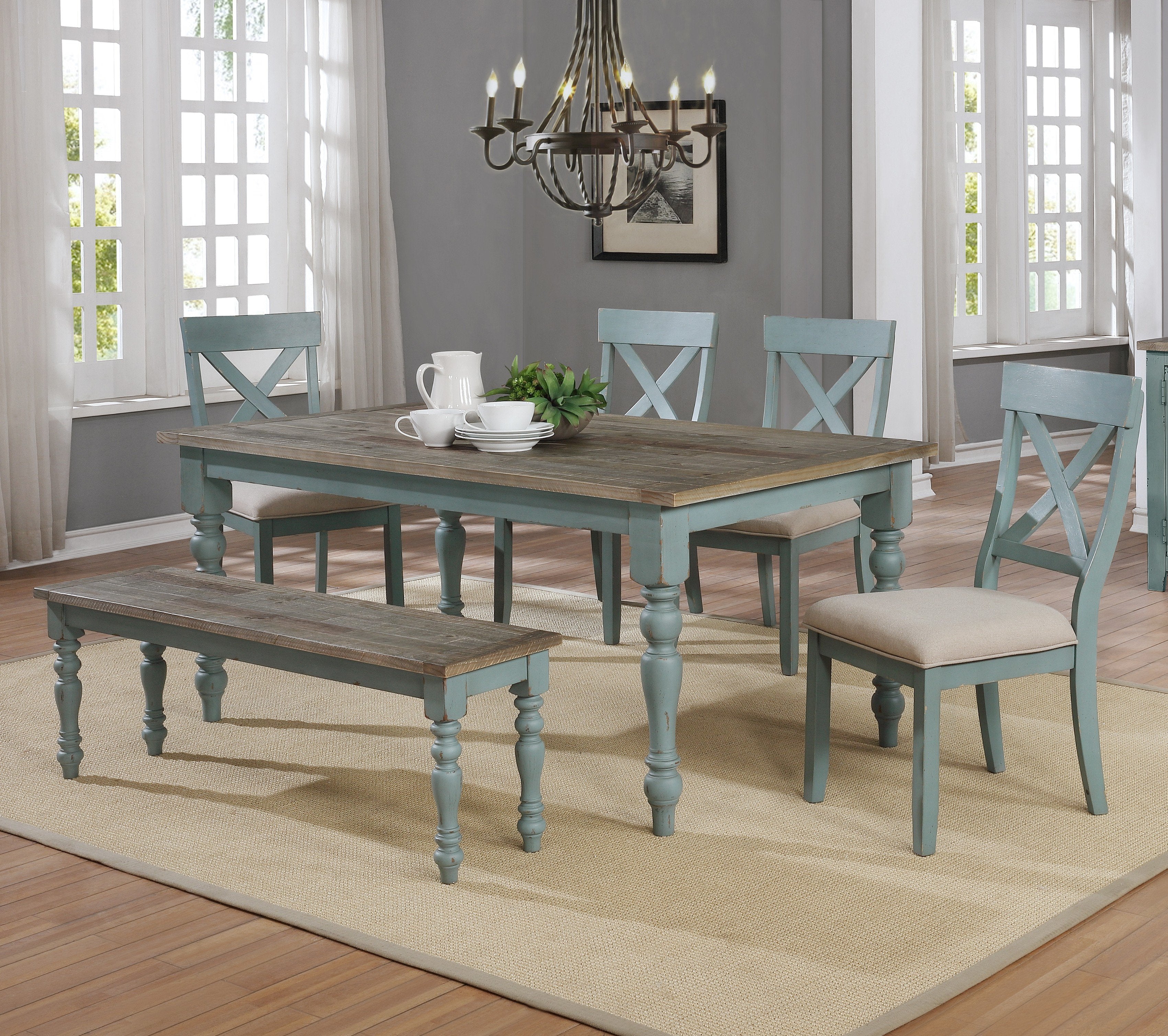 6-Piece Dining Table Set with Cross Back Chairs & Bench - Modern Kitchen & Dining Room Furniture for Family Gatherings & Entertaining