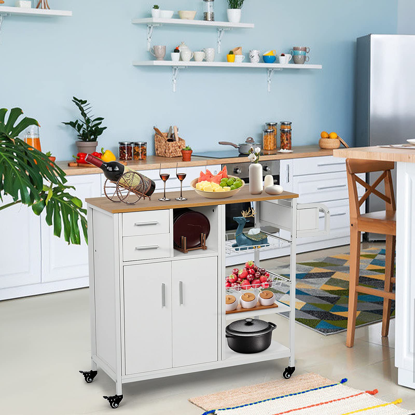 White Utility Cart with Drawers & Shelves - Kitchen Storage & Serving Cart for Home & Bar Use