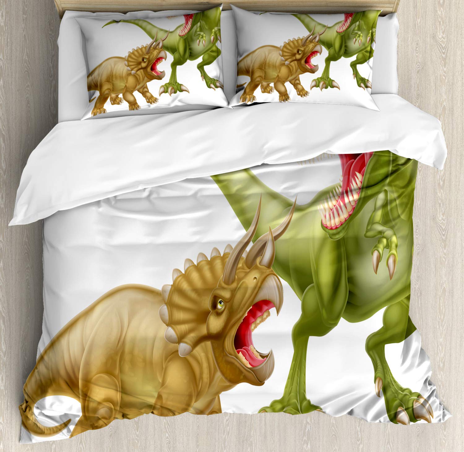 Ambesonne Dinosaur Duvet Cover Set - King Size 2-Pack with 2 Duvet Covers & 4 Pillowcases | T-Rex vs Triceratops Wild Reptile Dinosaur Design in Green, Pink & Pale Brown | Perfect for Kids' Rooms, Dinosaur Themed Bedrooms & Jurassic Decor