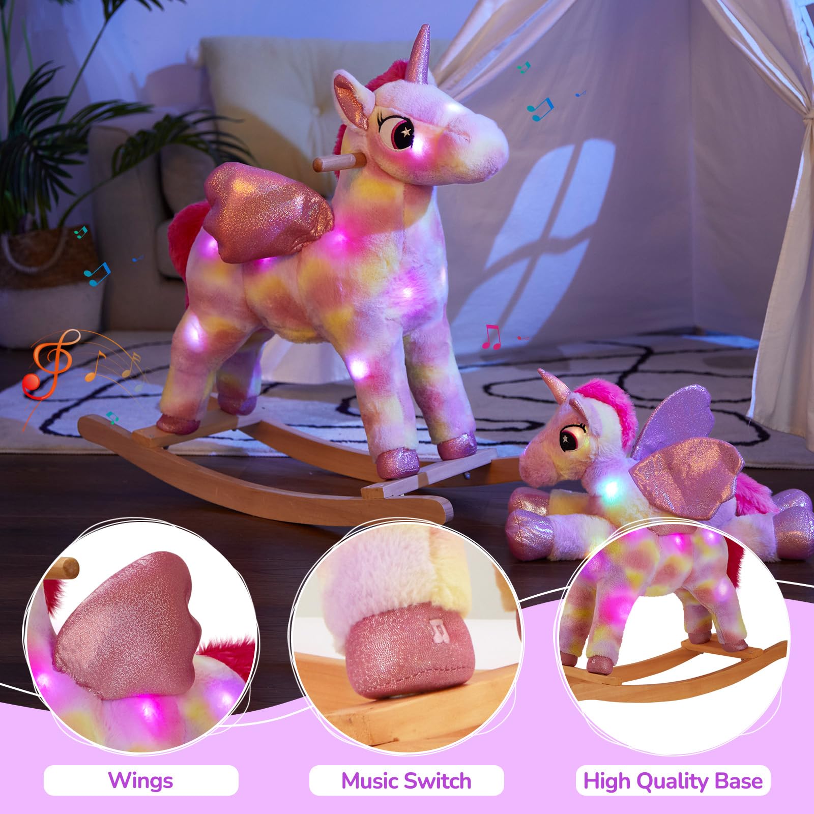 Glow Guards Light Up Musical Unicorn Rocking Horse Set - 2 Pack with Stuffed Rainbow Unicorn Toy & Wooden Chair | Ride-On Toy for Toddlers Ages 3-6 | Perfect Gift for Birthday, Christmas & Indoor Playtime