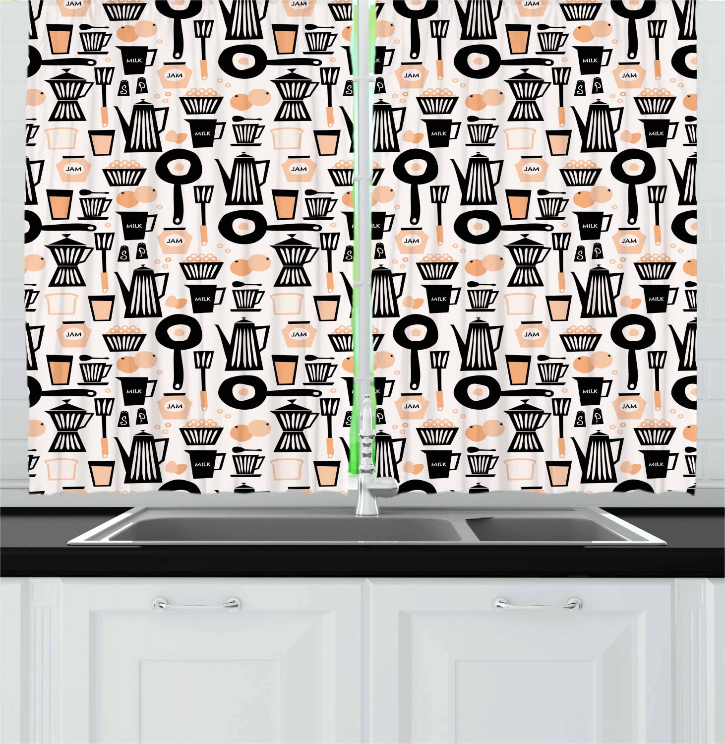 Ambesonne Retro Long Kitchen Curtains - Vintage Kitchen Utensils & Fruits Design, 2 Panel Rod Pocket Drapes 55x45 Inch, Charcoal Grey & Pale Peach - Perfect for Farmhouse, Cottage & Retro Style Kitchen Decor