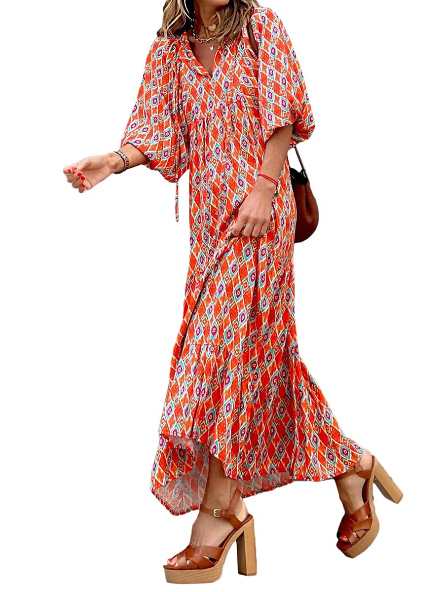 Women's Geometric Print Long Dress - V-Neck Puff Sleeve Loose Maxi Dress for Spring & Summer | Casual Wear, Beach Cover Up, Party Outfit