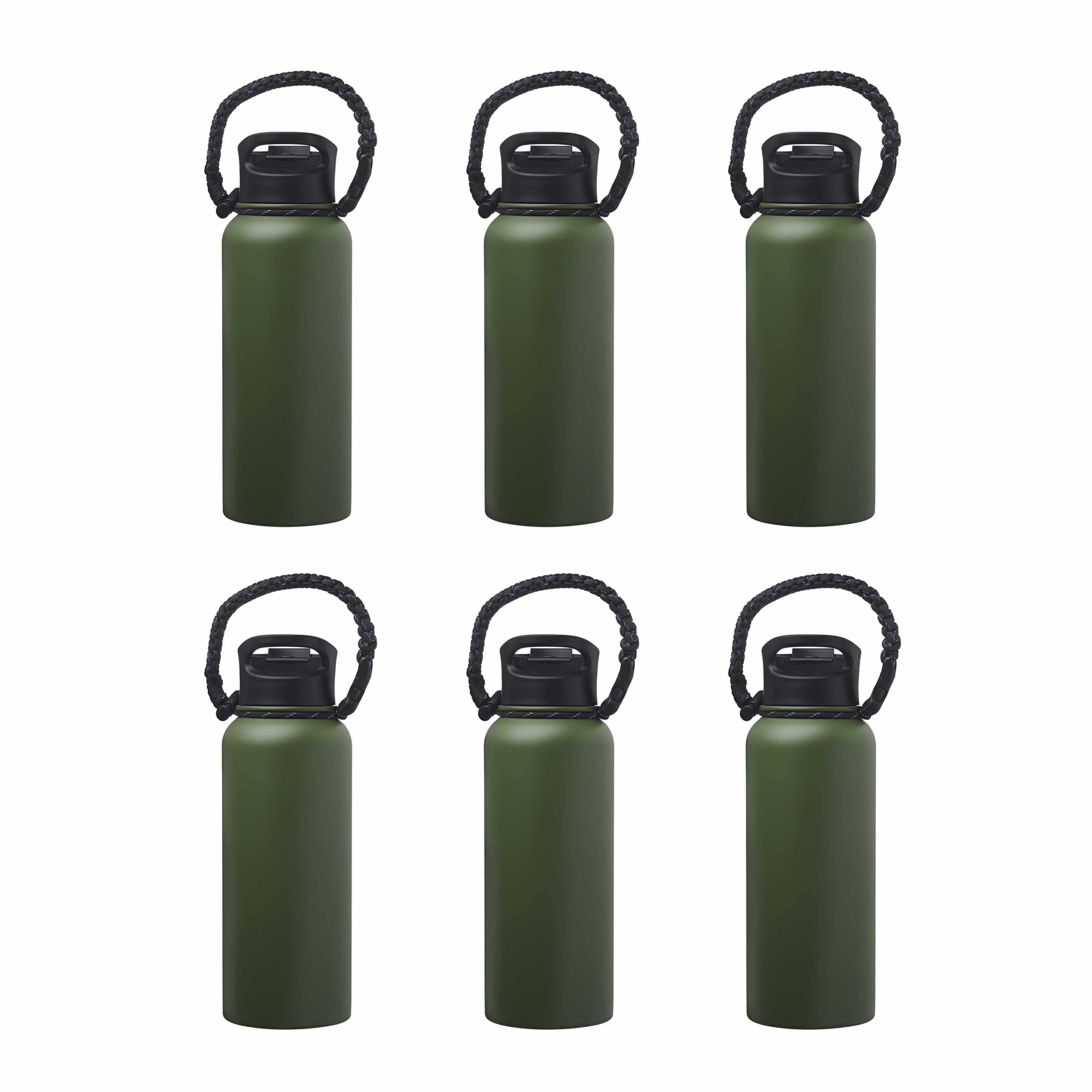 6 Pack Vulcan Stainless Steel Water Bottles 34oz - Double Wall Vacuum Insulated Army Green - Leak Proof with Strap - Perfect for Hiking, Camping & Outdoor Activities