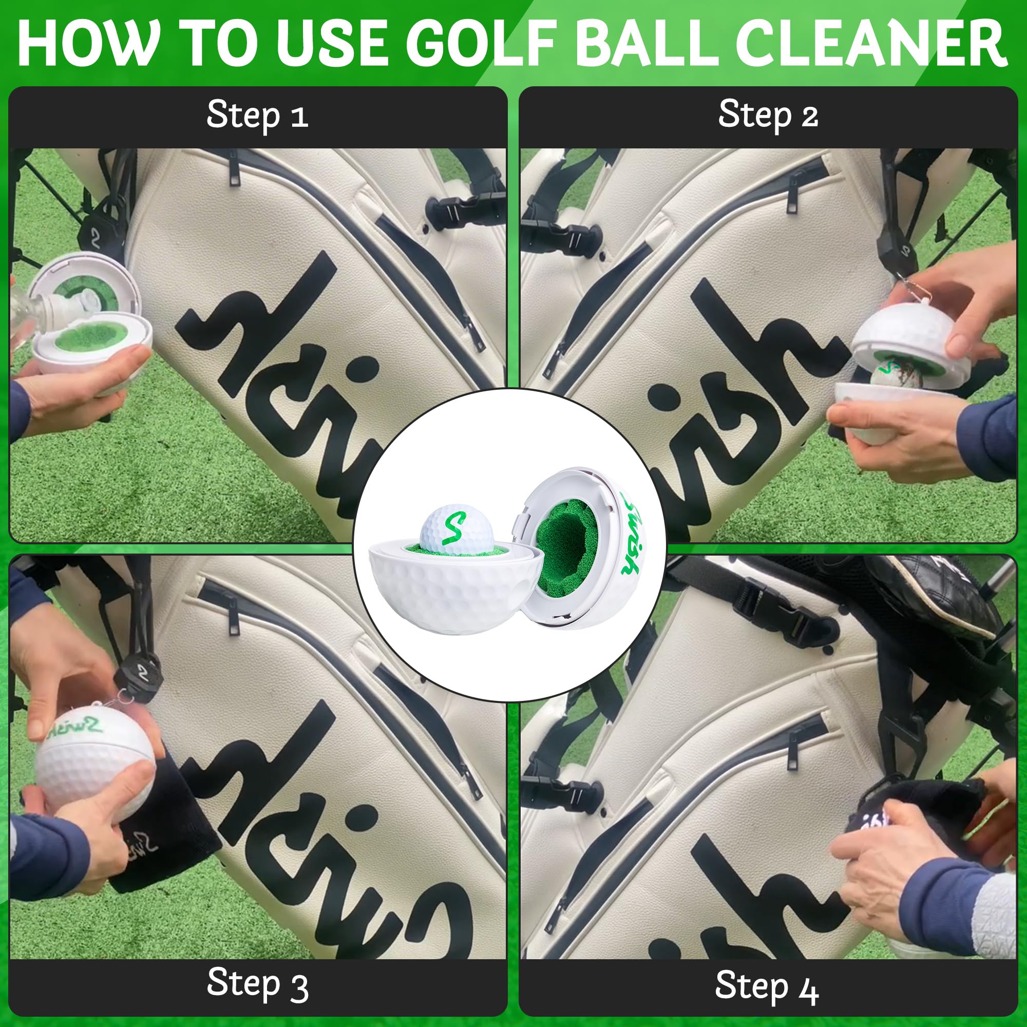 Swish Portable Golf Ball Cleaner – Clip-On Golf Accessory for Golf Bag or Cart – Best Golf Gift for Men & Women – Ideal for Driving Range & Course Play