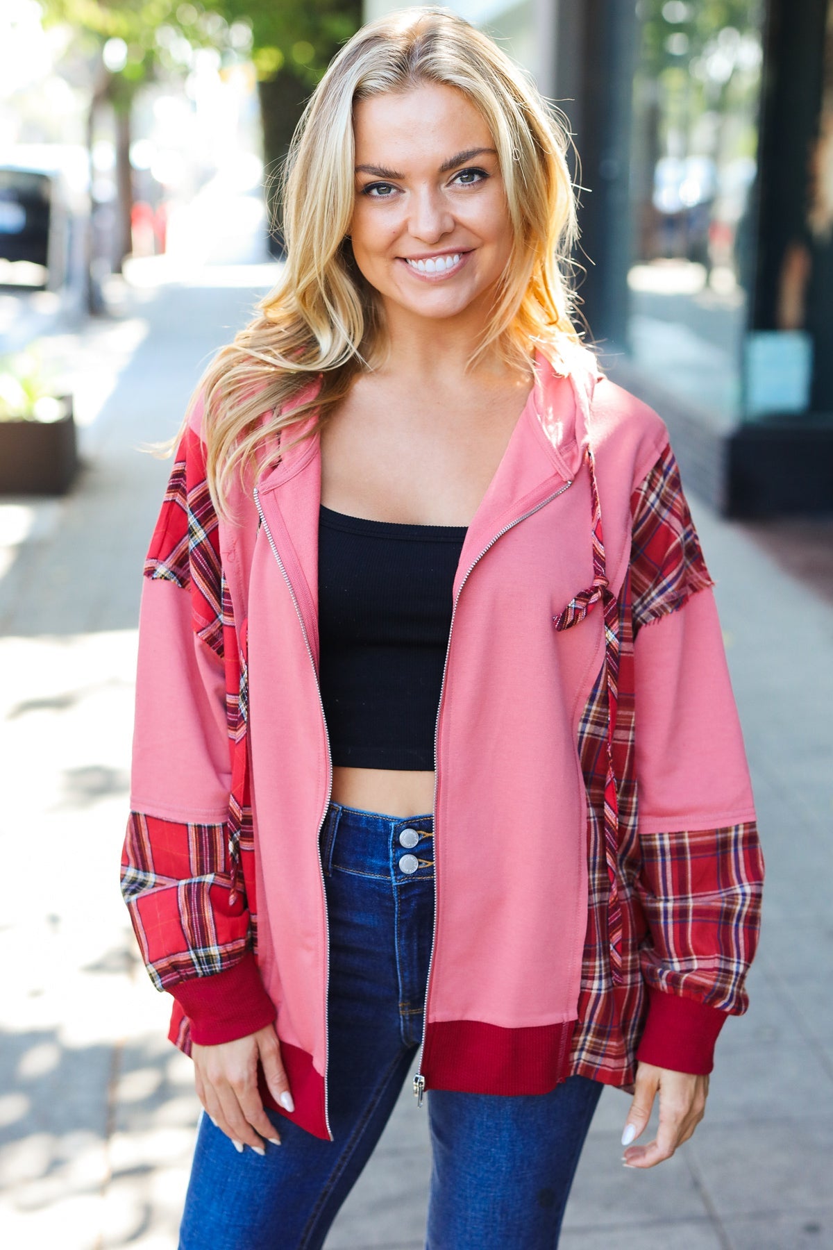 Stylish Marsala Plaid Color Block Zipper French Terry Hoodie for Women | Cozy Fall & Winter Outerwear | Perfect for Casual Outings, Lounge Wear and Street Fashion