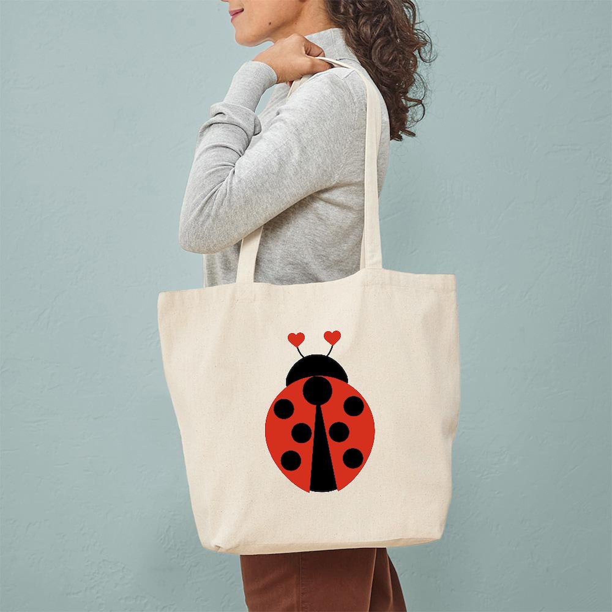Lady Bug Tote Bag - Natural Canvas Reusable Shopping Bag for Women | Eco-Friendly Grocery Tote for Farmers Market, Beach & Daily Use