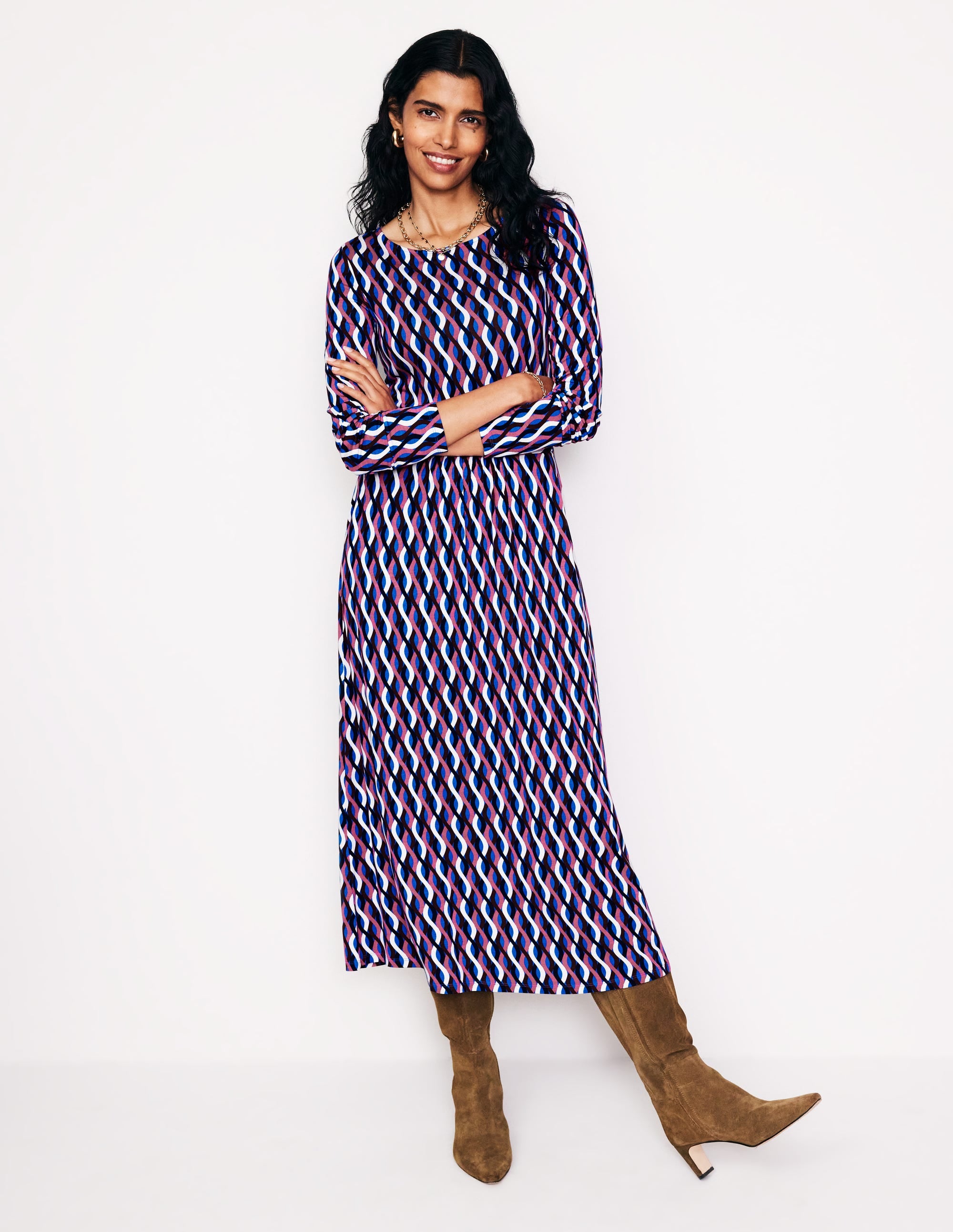 Amelie Long Sleeve Midi Dress in Kingfisher Blue with Trellis Wave Pattern - Perfect for Casual Outings, Office Wear & Special Occasions