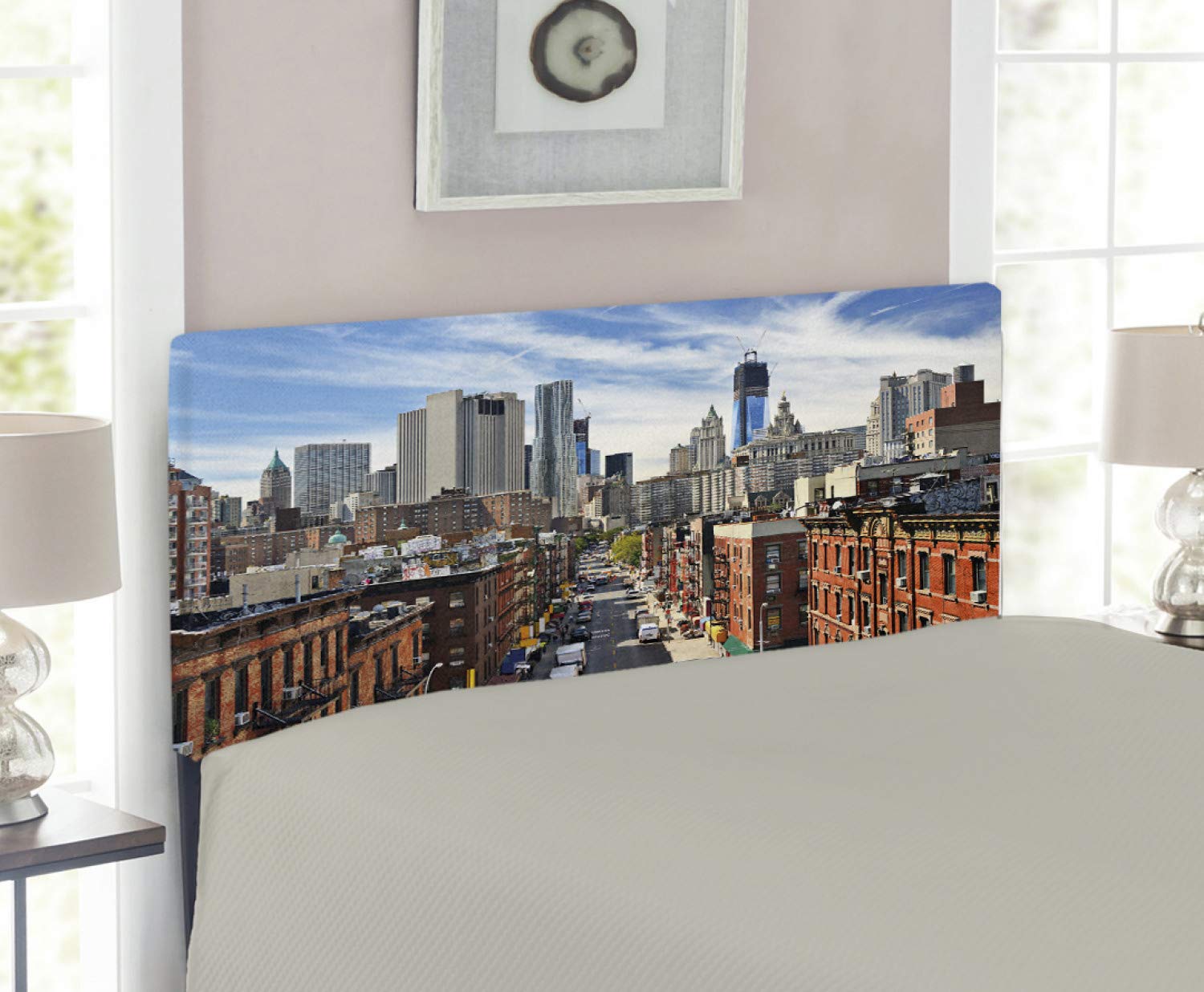 Ambesonne Upholstered Metal Headboard with Memory Foam - Lower Manhattan Cityscape Design, NYC Travel Destination Inspired, Twin Size Bed Headboard in Dark Orange Grey Blue - Perfect for Urban Themed Bedrooms & Apartment Decor