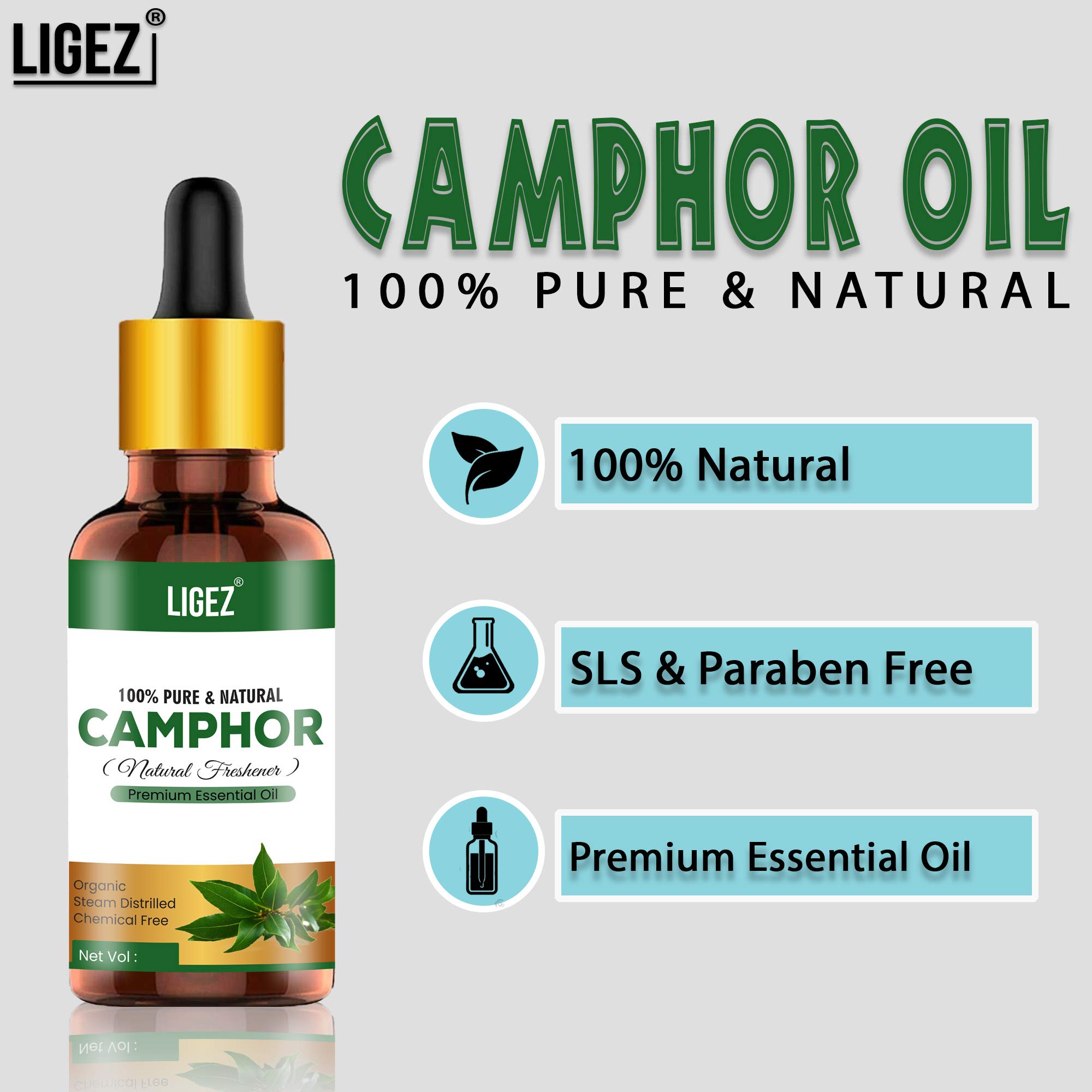 Ligez Camphor Essential Oil - 100% Pure Natural Therapeutic Grade for Skin Care, Hair Care & Aromatherapy (2-Pack, 15ml Each) | Relieves Muscle Pain, Promotes Relaxation & Improves Respiratory Health