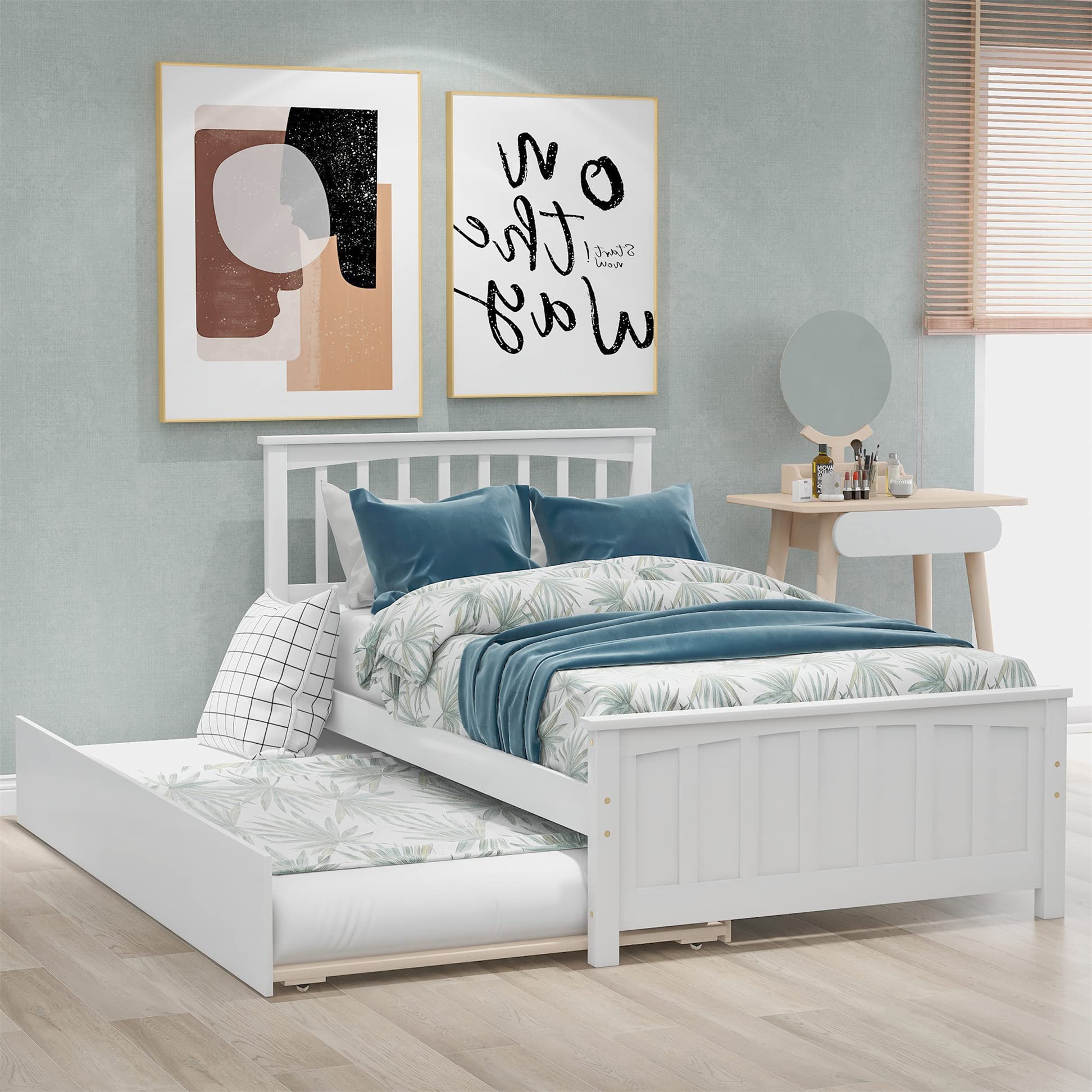 Harper & Bright Designs Solid Wood Twin Platform Bed with Trundle - Sturdy Wooden Bed Frame with Headboard & Footboard for Kids, Teens & Adults - No Box Spring Needed (White) | Perfect for Small Bedrooms, Guest Rooms & Kids' Rooms