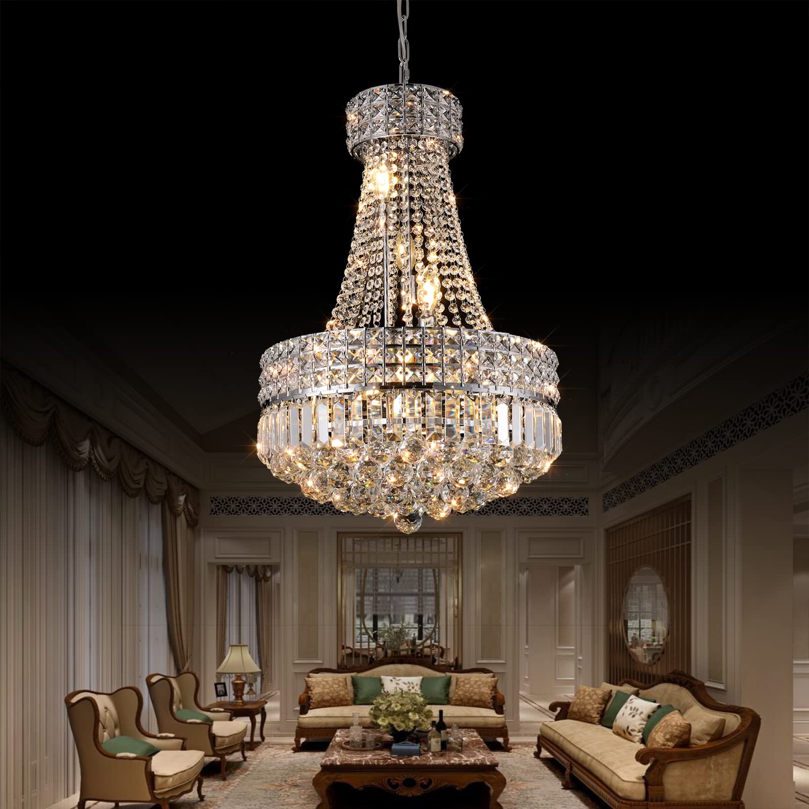 Modern LED Chandelier - 10-Light Acrylic Crystal Ceiling Light Fixture with Adjustable Hanging Chain, Easy Installation for Dining Room, Living Room, Bedroom (Chrome Finish, 18-inch Diameter) - Perfect for Home Decor, Wedding Venues and Restaurant Lighting