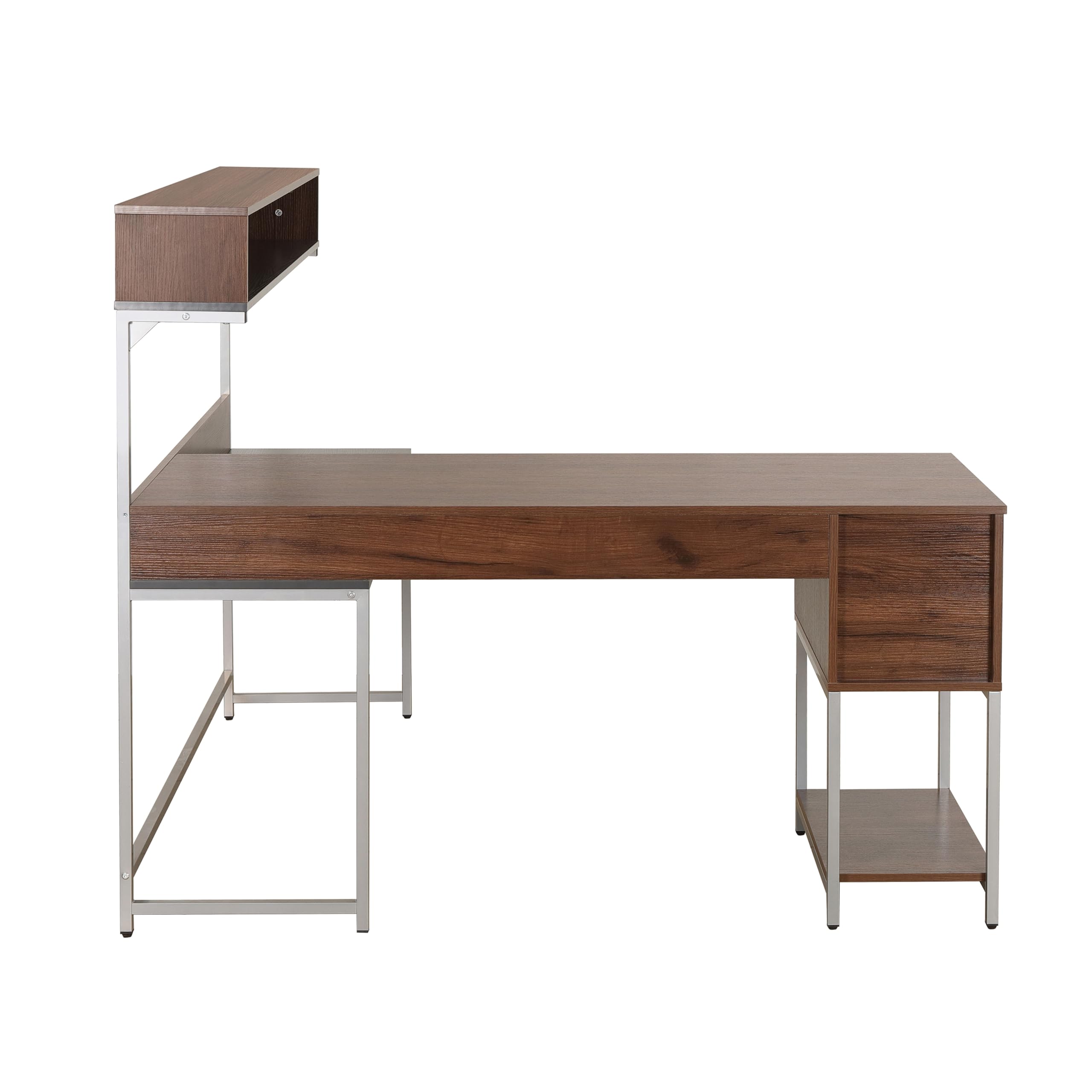 Techni Mobili L-Shaped Corner Computer Desk with Hutch, Storage Drawers & Open Shelf - Walnut Home Office Workstation for PC, Printer & Study Space