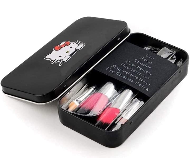 Soft Bristle Makeup Mini Brush Kit with Hello Kitty Print Storage Box | 7-Piece Makeup Blending Brush Set for Eyeshadow, Foundation & Contouring - Perfect for Travel & Professional Makeup Artists (Black)