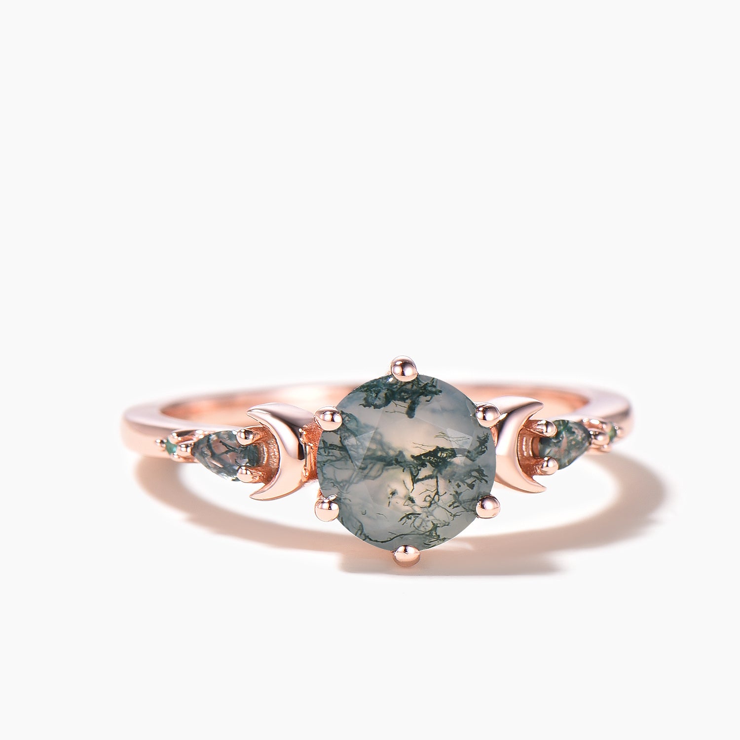 14K Gold Moss Agate Moon Engagement Ring – Elegant Aquatic Agate Wedding Band for Women, Perfect for Proposals, Anniversaries & Romantic Occasions