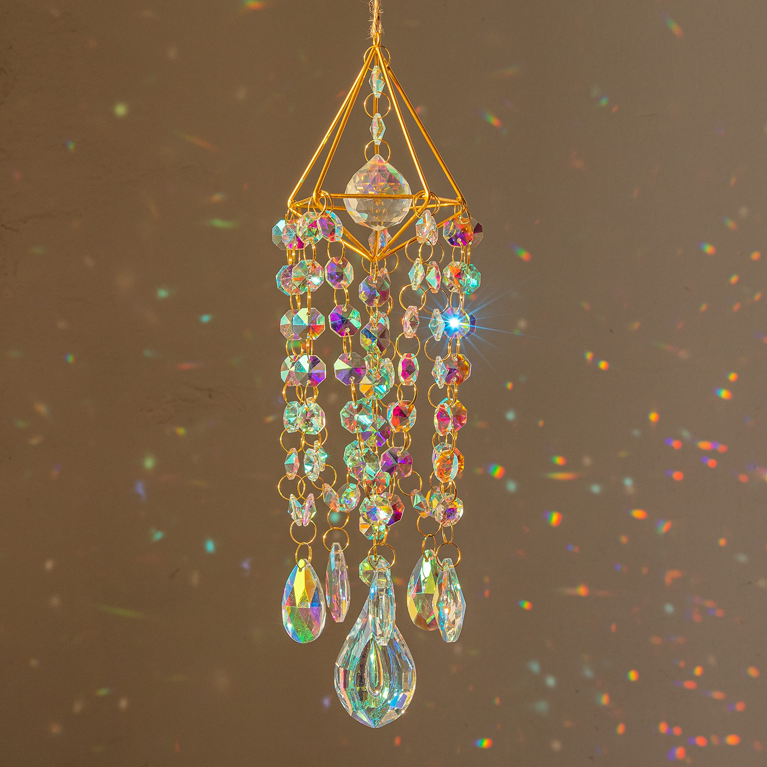 Handmade Gold Plated Crystal Suncatchers for Windows - Rainbow Maker Wind Chime Style Garden Decor for Indoor & Outdoor Use | Perfect for Living Room, Bedroom, Patio, and Gift Giving