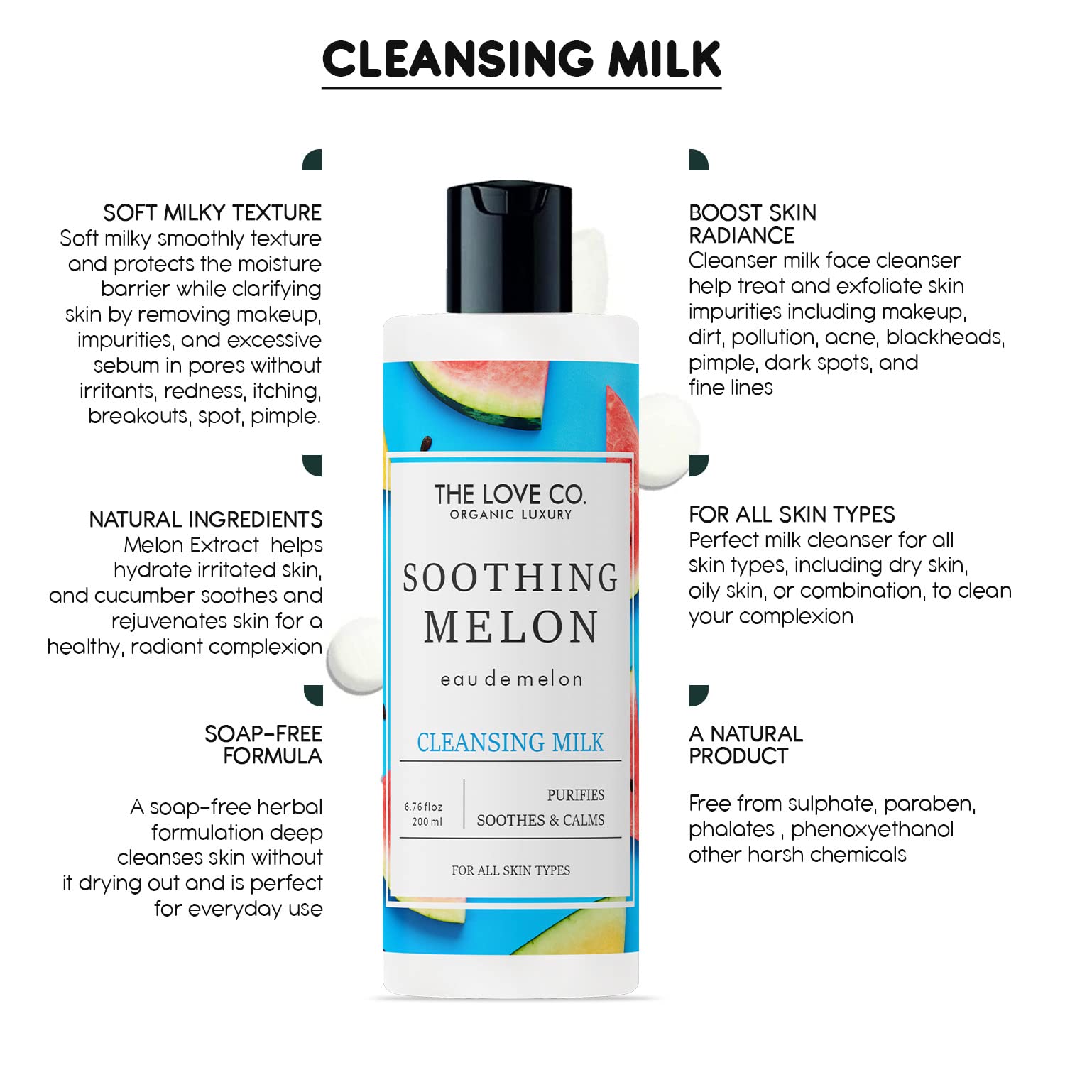 THE LOVE CO. Gentle Cleansing Milk - Relaxing, Soothing & Moisturizing Daily Face Cleanser | Natural Makeup Remover with Safe Ingredients | Eco-Friendly Skincare (200ml) | Perfect for Sensitive Skin & Nighttime Routine