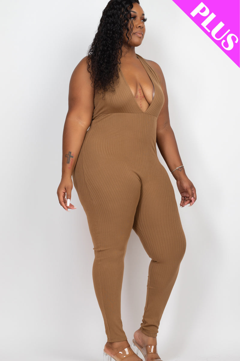 Plus Size Halter V Neck Ribbed Bodycon Jumpsuit for Women - Stretchy Slim Fit Romper for Curvy Figures - Perfect for Parties, Date Nights & Summer Outings
