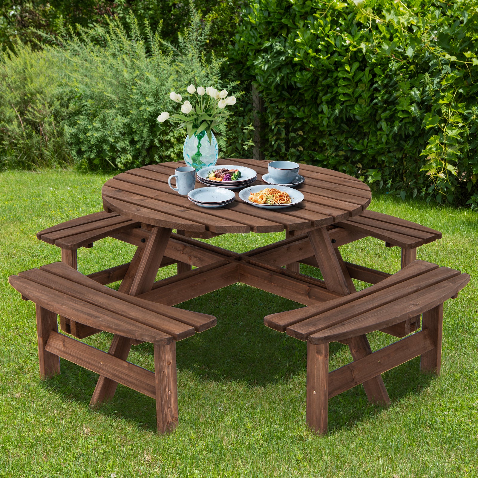 Costway 8-Seat Wooden Picnic Table with Benches Set | Outdoor Dining & Garden Furniture for Backyard, Patio, and Park Gatherings