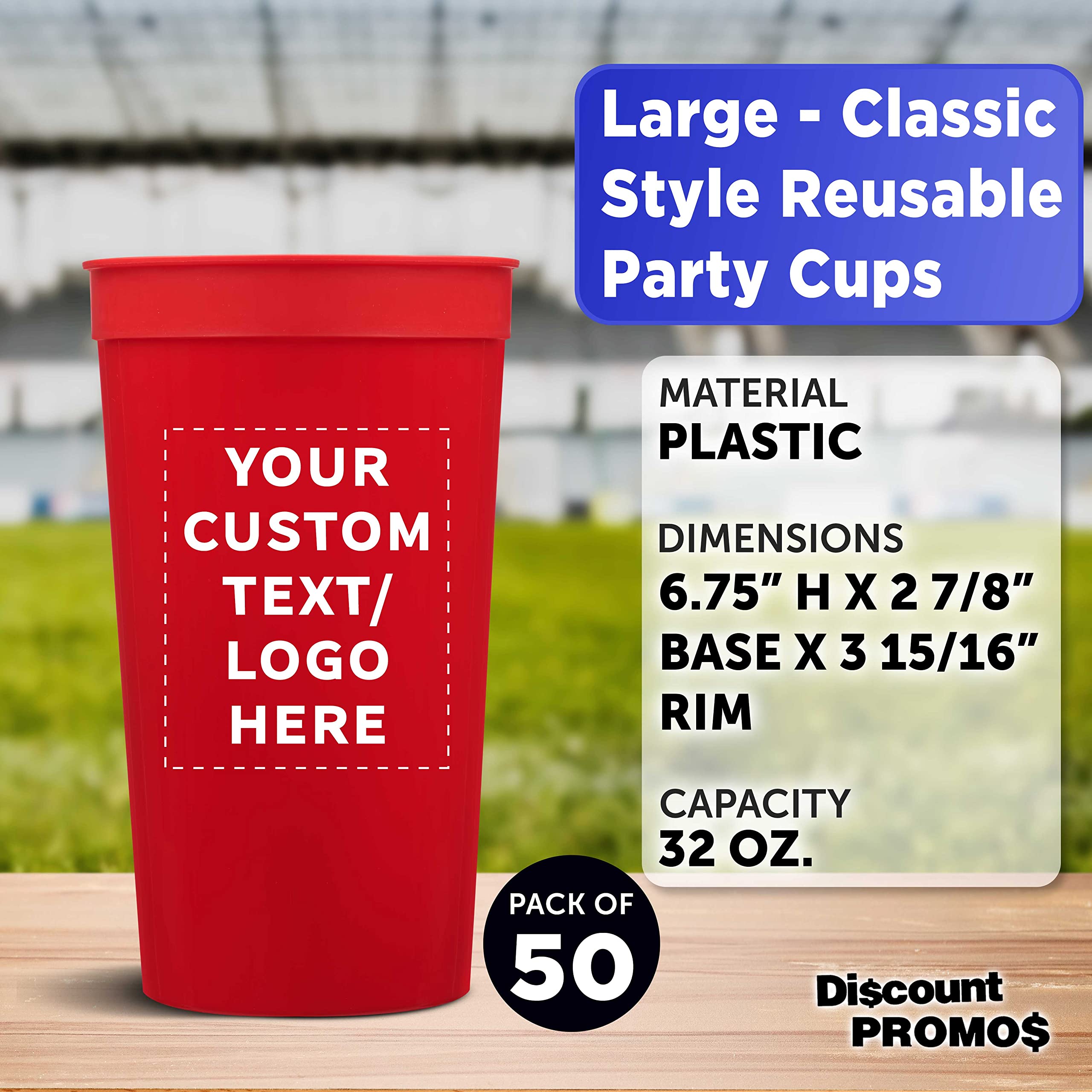 Custom 32 oz Plastic Stadium Cups - Bulk Pack of 50 Personalized Cups for Sports Events, Parties, Beach Picnics & Summer Celebrations - Durable Red Drinkware for Tailgating, BBQs, and Outdoor Gatherings