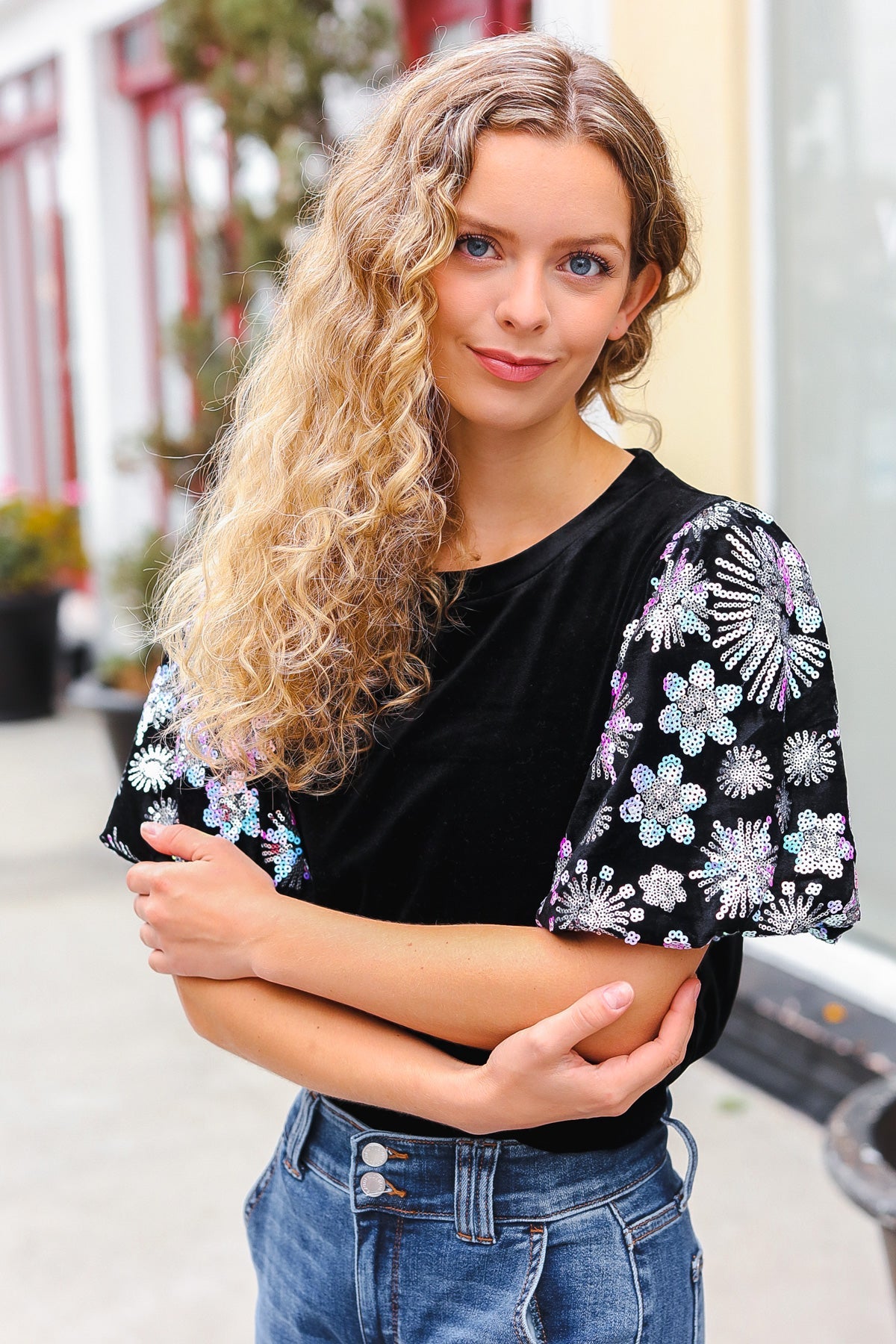 Glamorous Black Floral Sequin Puff Sleeve Velvet Top for Women | Elegant Party Blouse | Perfect for Evening Events, Date Nights & Special Occasions
