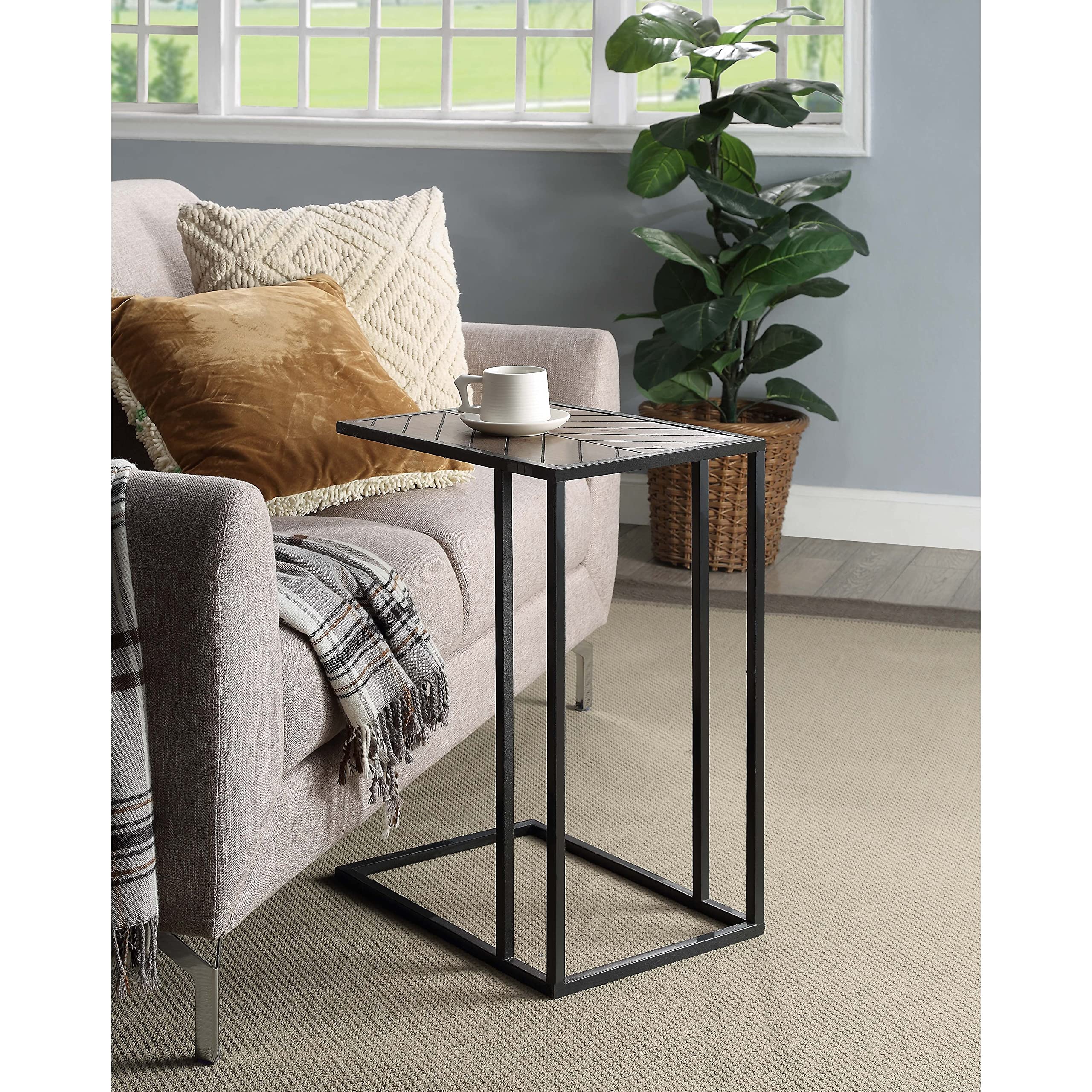 Black Rectangle C Table with Inlay Top - Set of 2 Modern Side Tables for Living Room, Bedroom or Office - Perfect for Coffee, Books & Decor