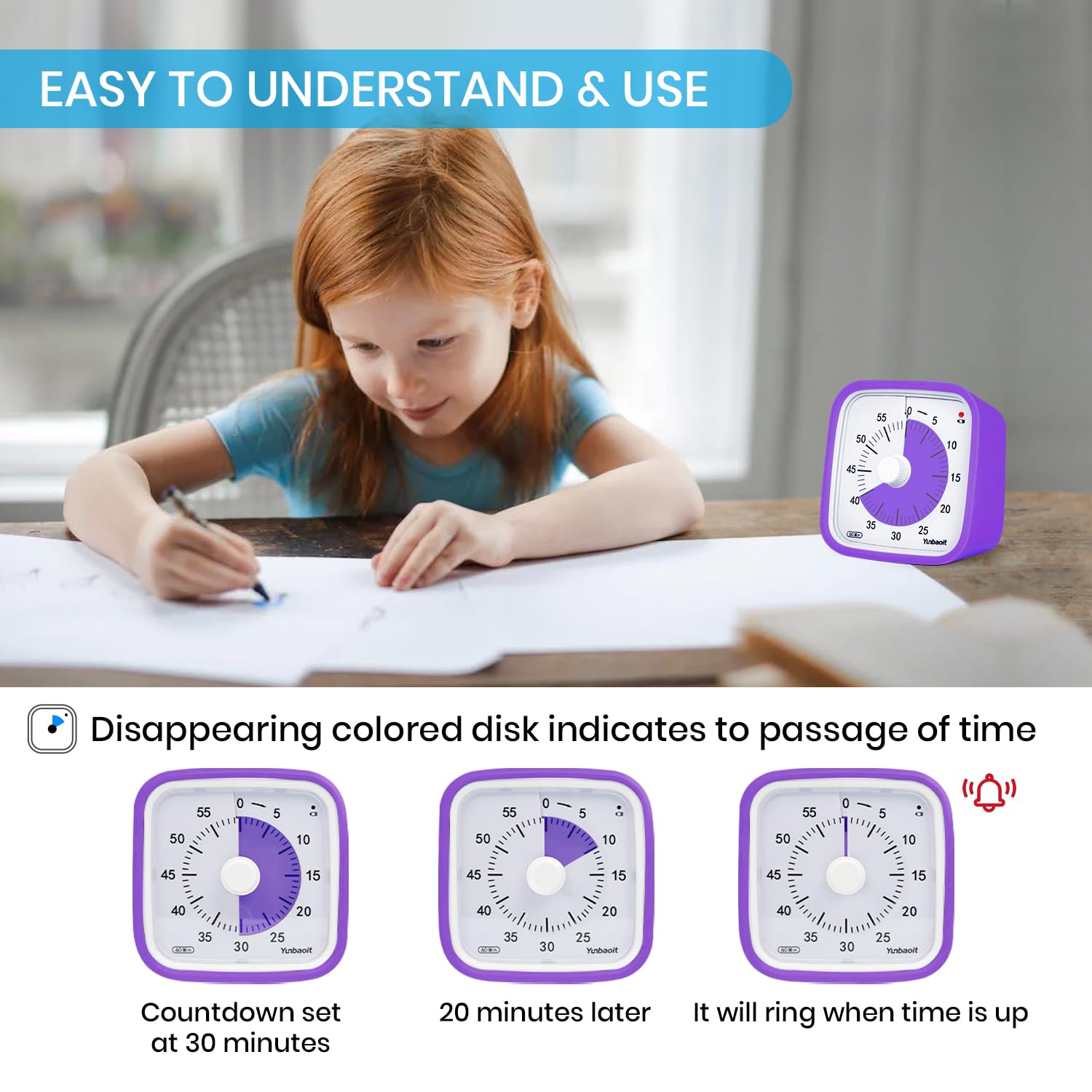 Upgraded 60 Minute Visual Timer with Protective Case - Silent Countdown Clock for Kids & Adults - Time Management Tool for Classroom, Study, Work & Home (Purple)