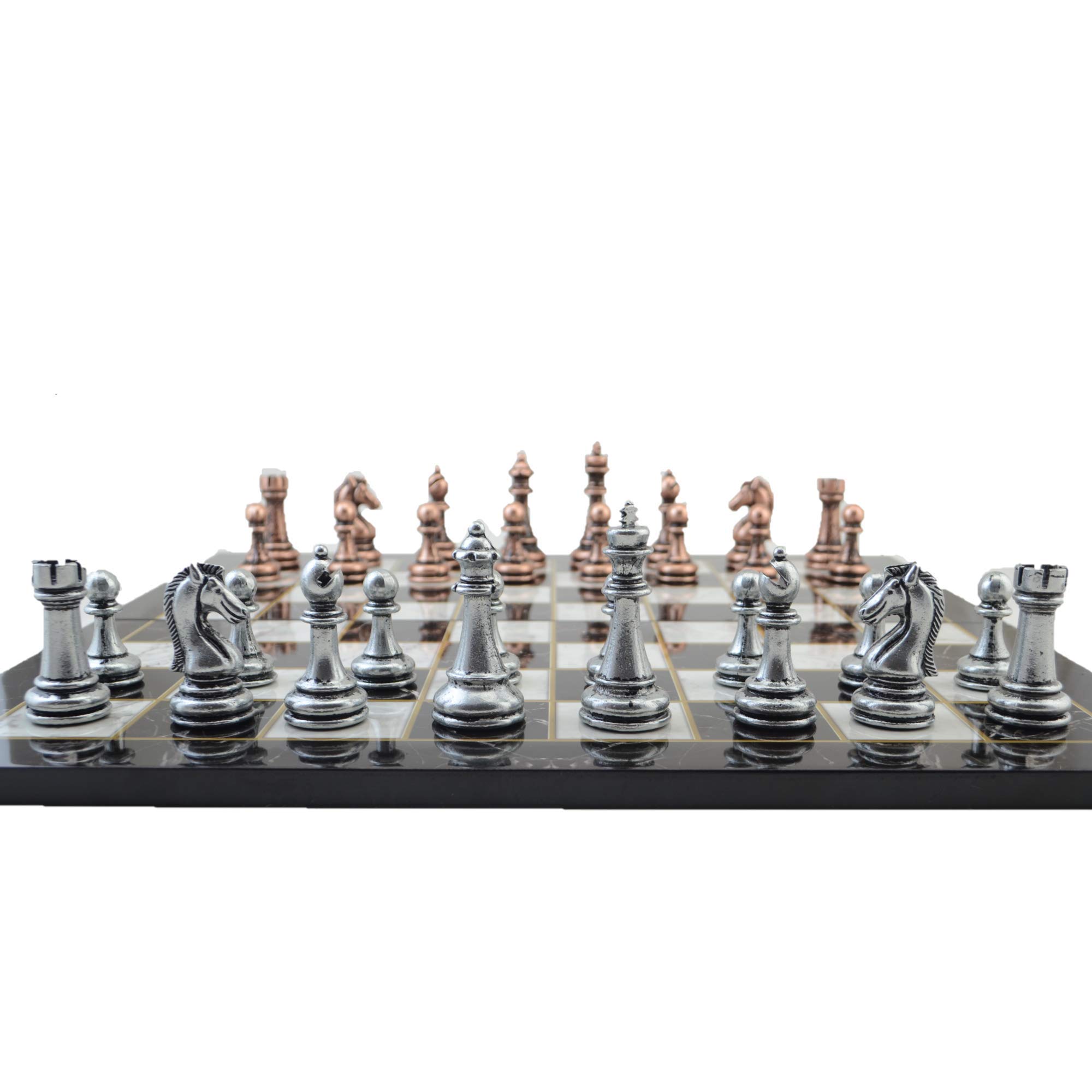Handmade Classic Antique Copper Chess Set for Adults with Marble Design Wooden Board - 2.96 Inch King - Perfect for Home Decor, Game Nights & Collector's Display