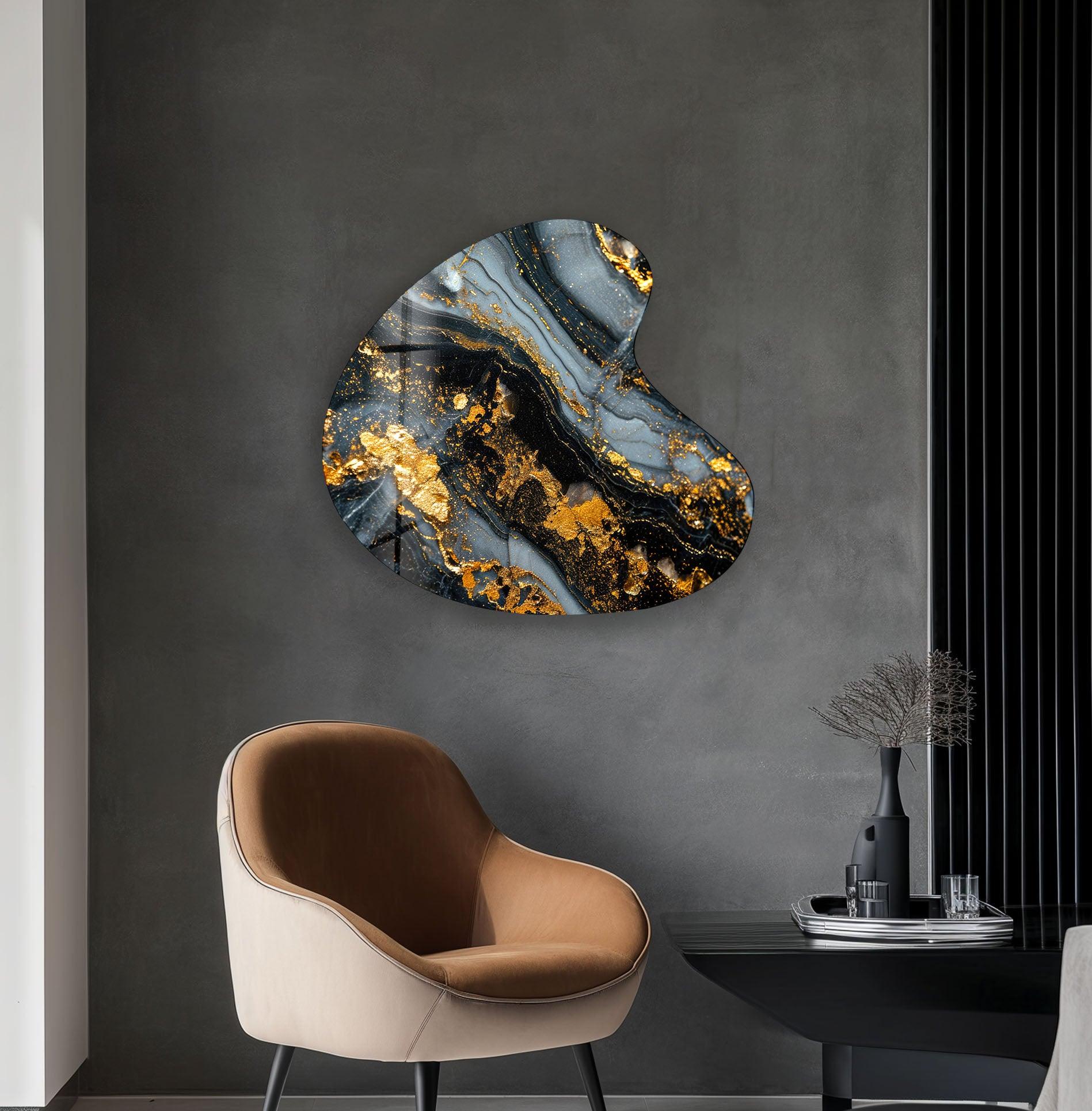 Black Marble Style Irregular Glass Wall Art - Modern Abstract Home Decor for Living Room, Bedroom & Office - Unique Handmade Glass Artwork for Wall Decoration