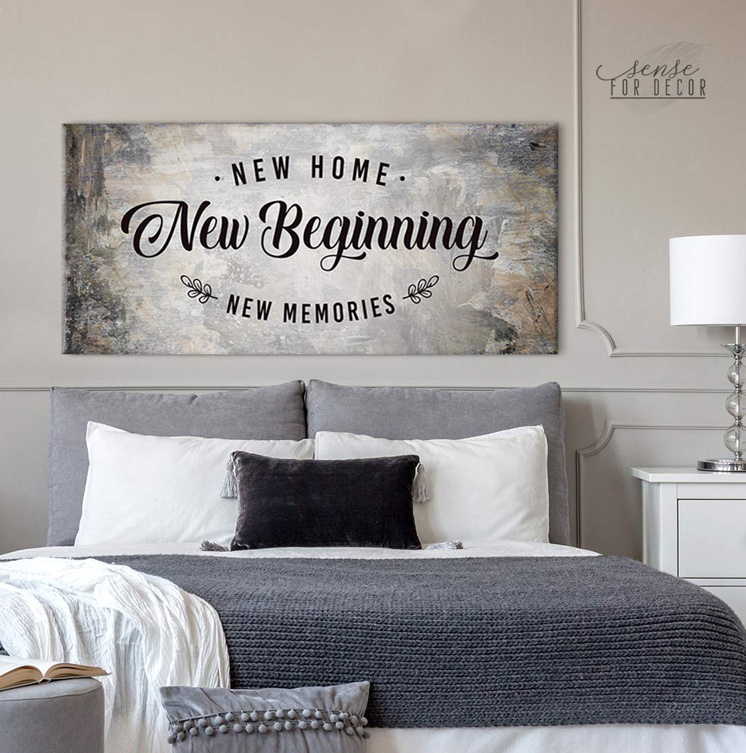 New Home New Beginning Quote Wood Framed Canvas - Rustic Housewarming Gift & Living Room Wall Decor - Brown 60x27 - Perfect for Home Decor, Wedding Gifts & Farmhouse Style Interiors