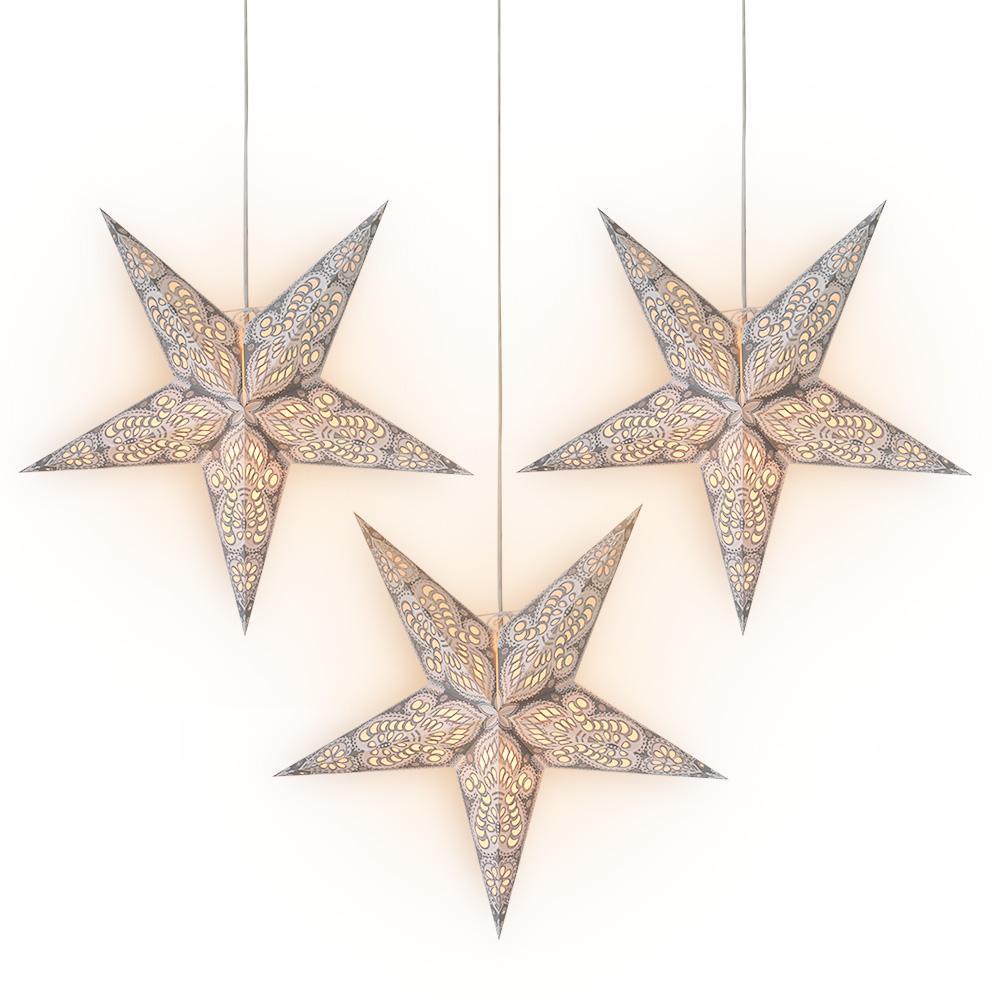 3 Pack 24 Inch White Peacock Glitter Paper Star Lanterns with LED Bulbs & Lamp Cord - Hanging Party Decorations for Christmas, Weddings, Baby Showers & Home Decor