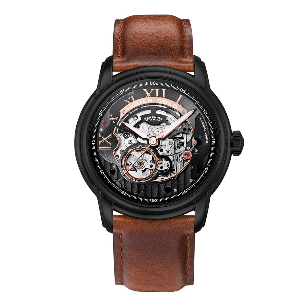 Aries Gold El Toro Black Skeleton Dial Men's Watch with Brown Leather Strap - Model G 9005A BK BK - Perfect for Business, Formal Events & Luxury Gift Giving