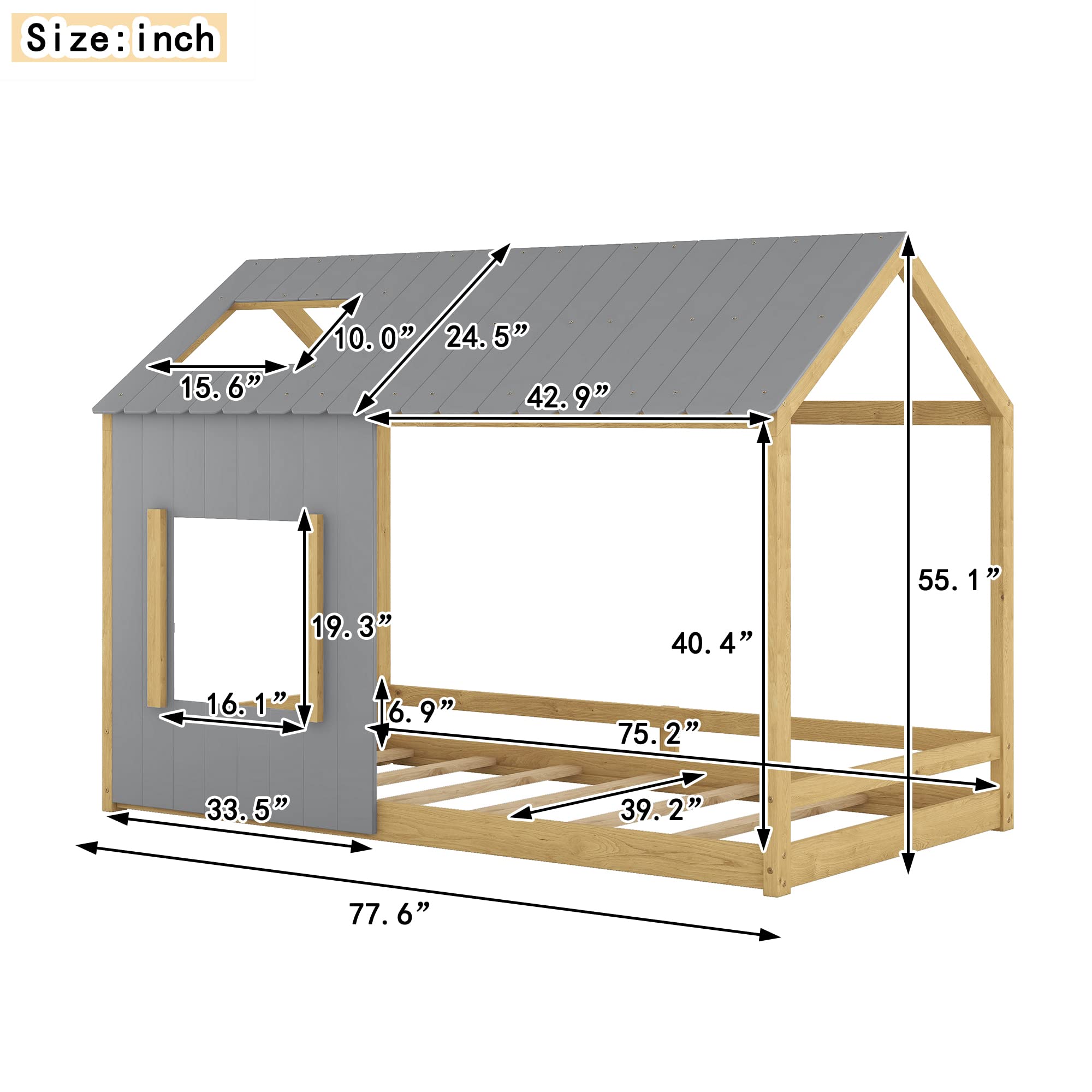 Montessori Twin House Bed for Kids - Wooden Floor Bed with Roof & Window, Playhouse Bed Frame for Girls & Boys, No Box Spring Needed (Gray+Natural) - Perfect for Bedroom, Playroom & Montessori Learning Spaces