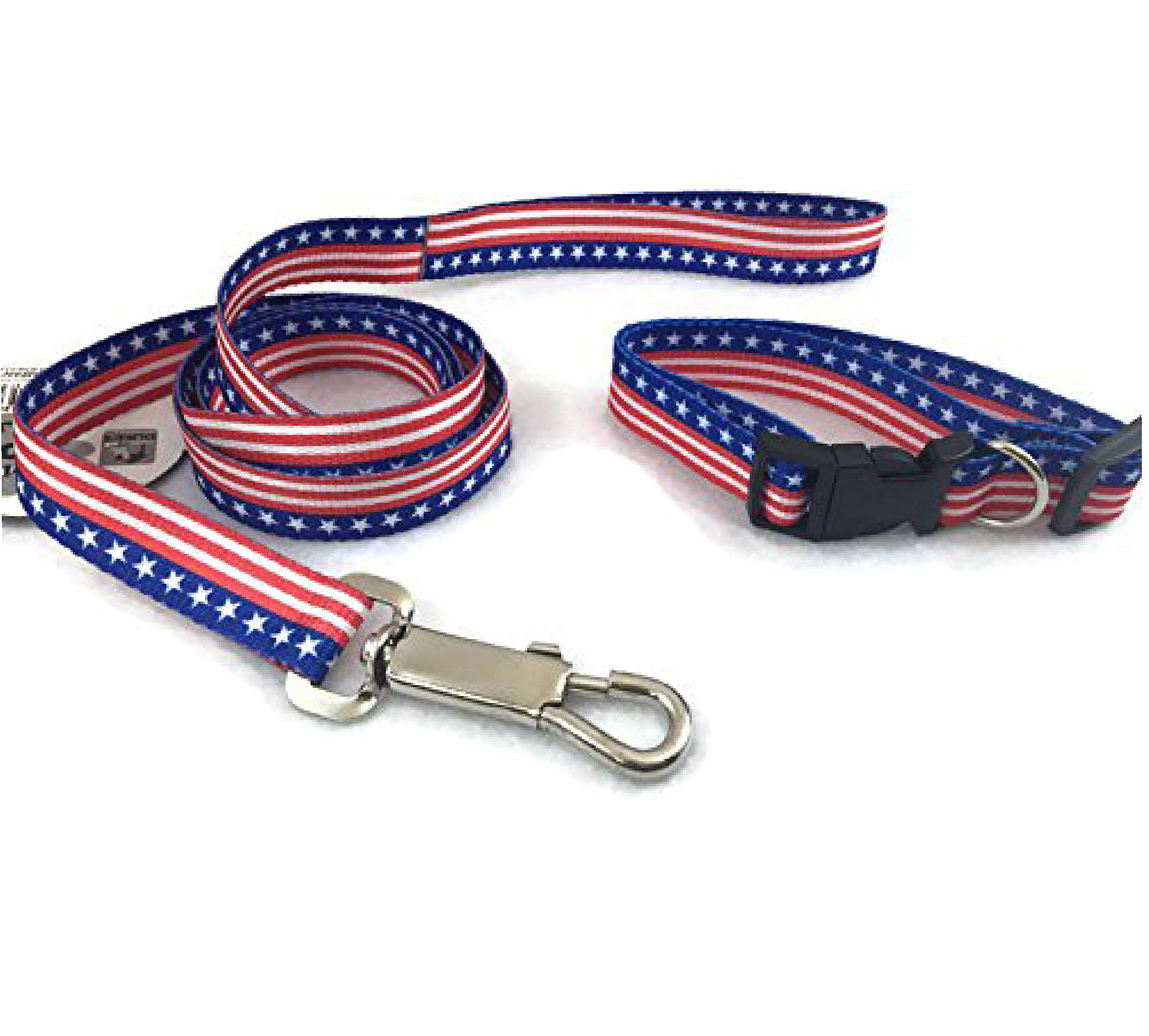 BUNFIREs Patriotic American Flag Dog Collar and Leash Set - Heavy Duty Adjustable for Small Medium Large Dogs - Perfect for July 4th, Independence Day & National Pride Events