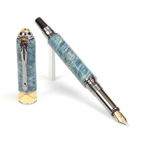 Lanier Art Deco Fountain Pen - Premium Black Titanium & 22kt Gold Trim - Blue Box Elder Wood - Luxury Writing Instrument for Business Gifts & Collectors