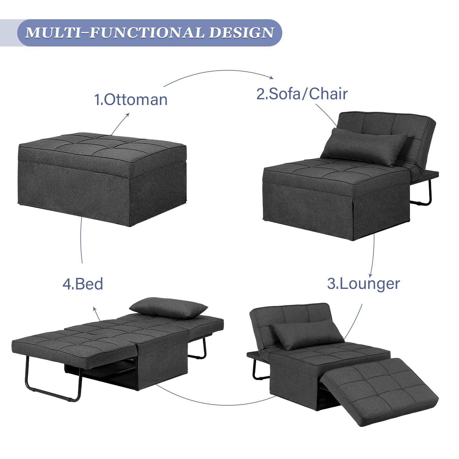 Saemoza 4-in-1 Multi-Functional Folding Sofa Bed with Ottoman - Convertible Sleeper Sofa Chair with Adjustable Backrest, Breathable Linen Fabric for Living Room, Small Apartment, Guest Room - Deep Grey | Perfect for Space-Saving, Overnight Guests & Studio Apartments